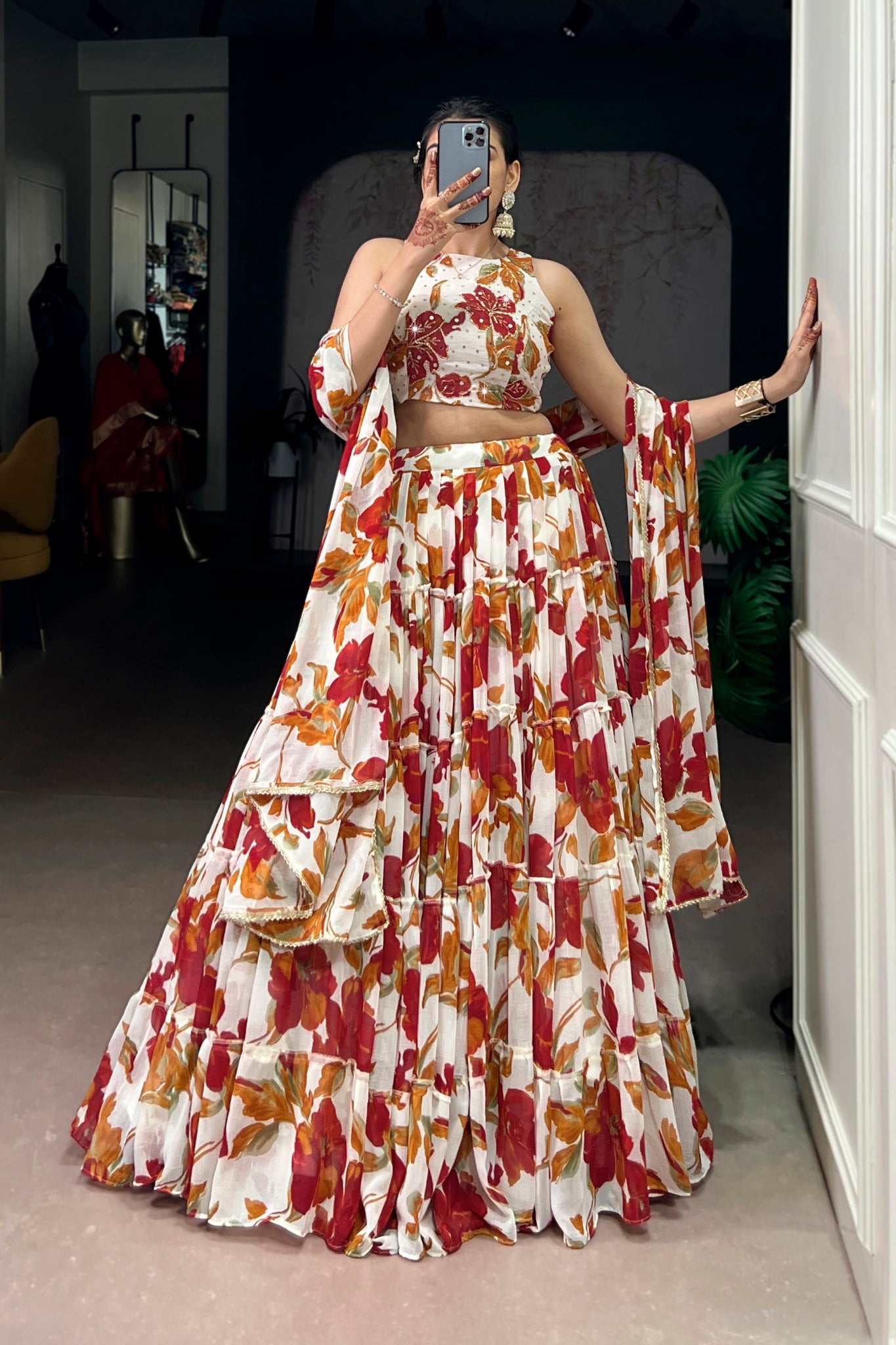 Floral Marble Print Lehenga Choli Set For Women