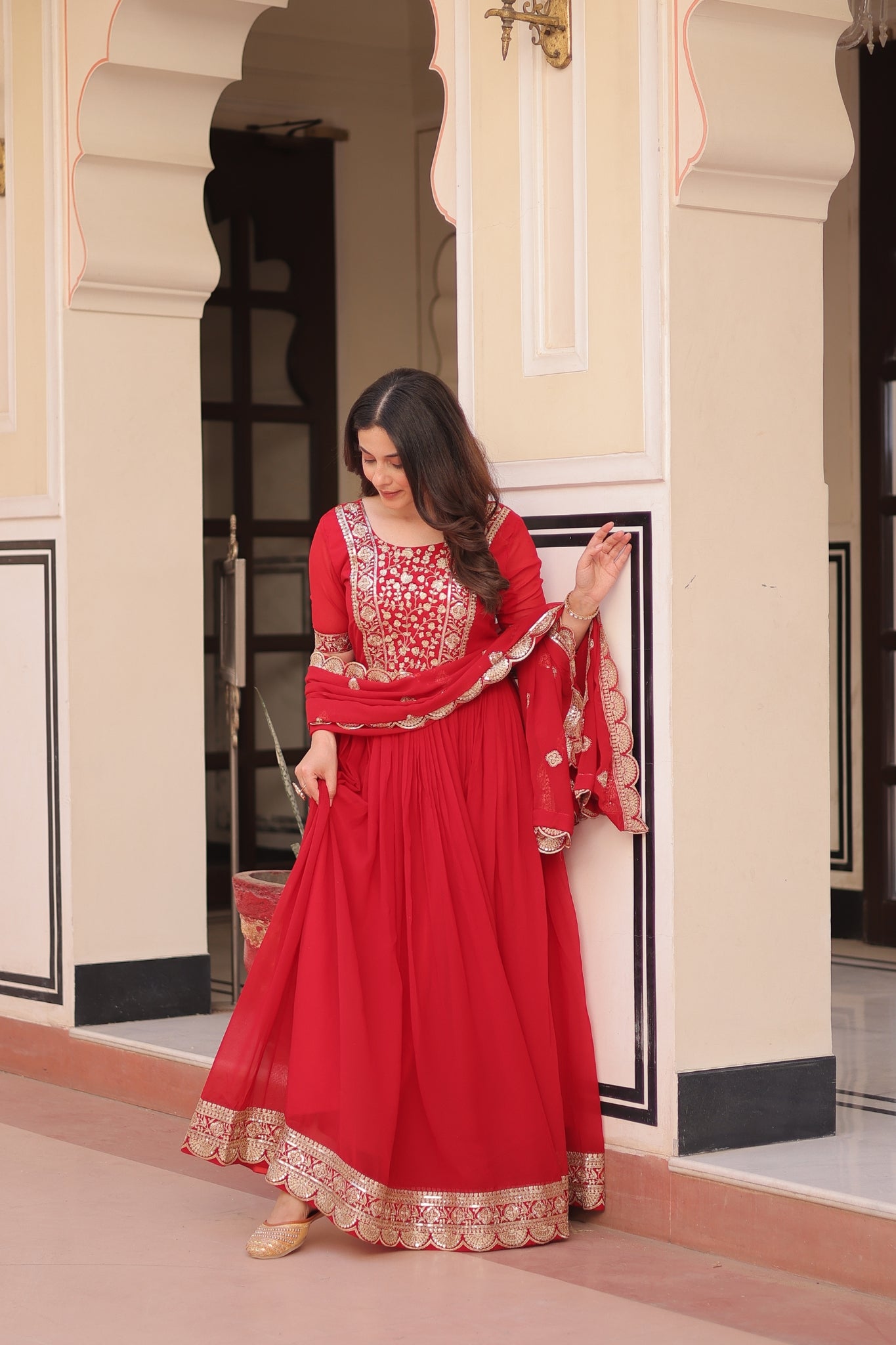 Embroidery Zari Sequins Work Designer Gown With Dupatta Set