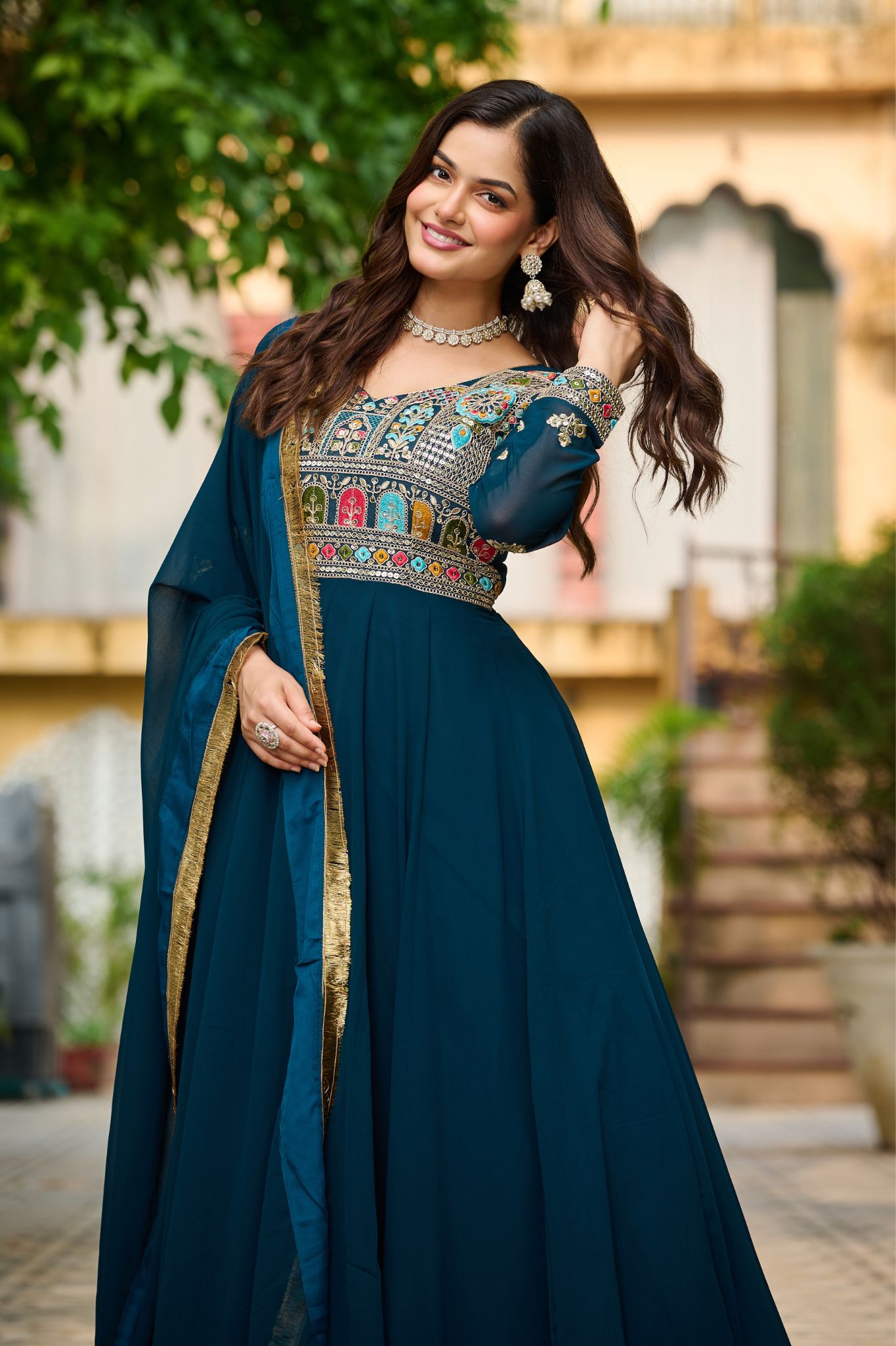 Ethnic Stylish Crafted Multi Thread Embroidered Work Gown With Dupatta Set