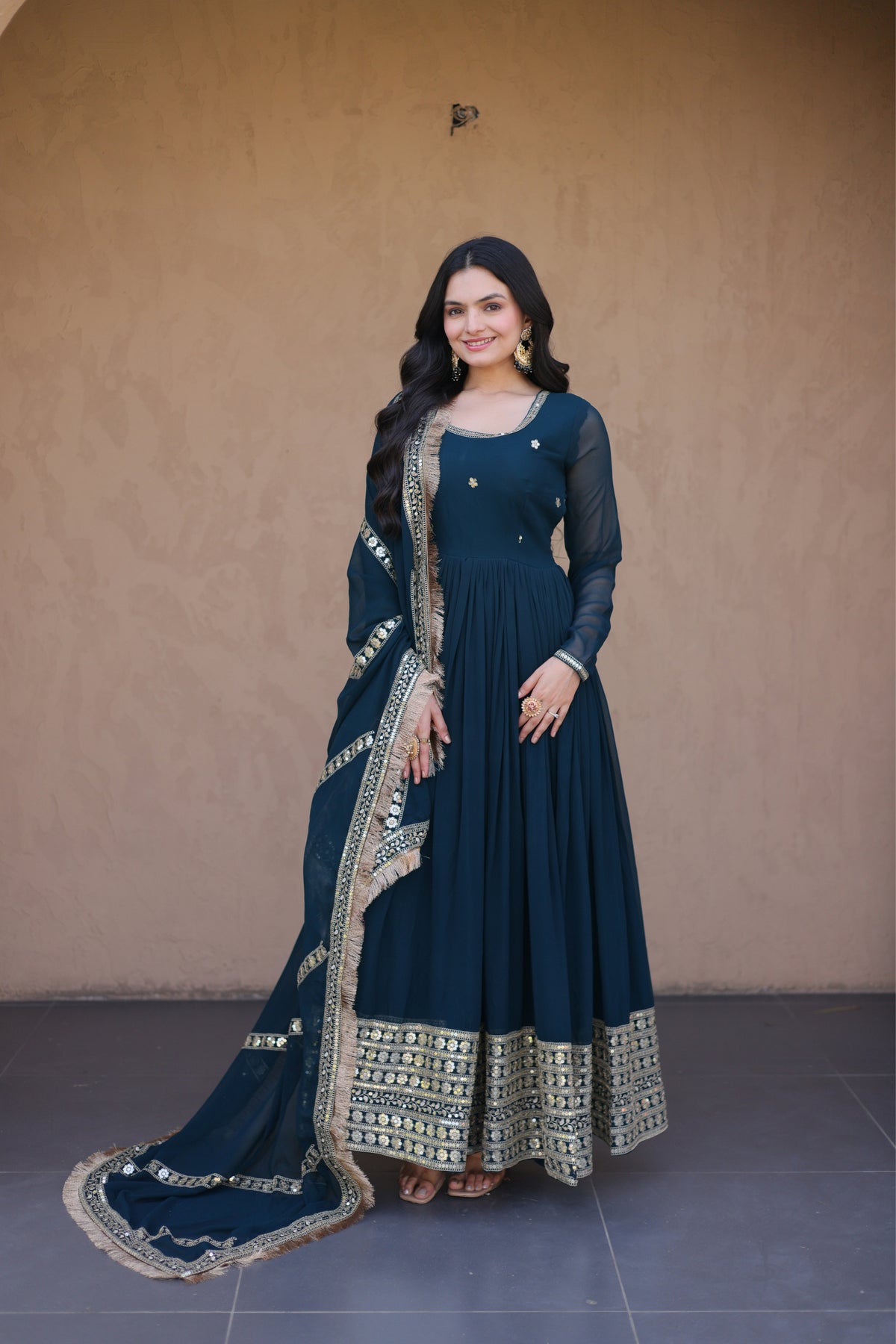 Designer Faux Blooming Anarkali Gown With Dupatta Set