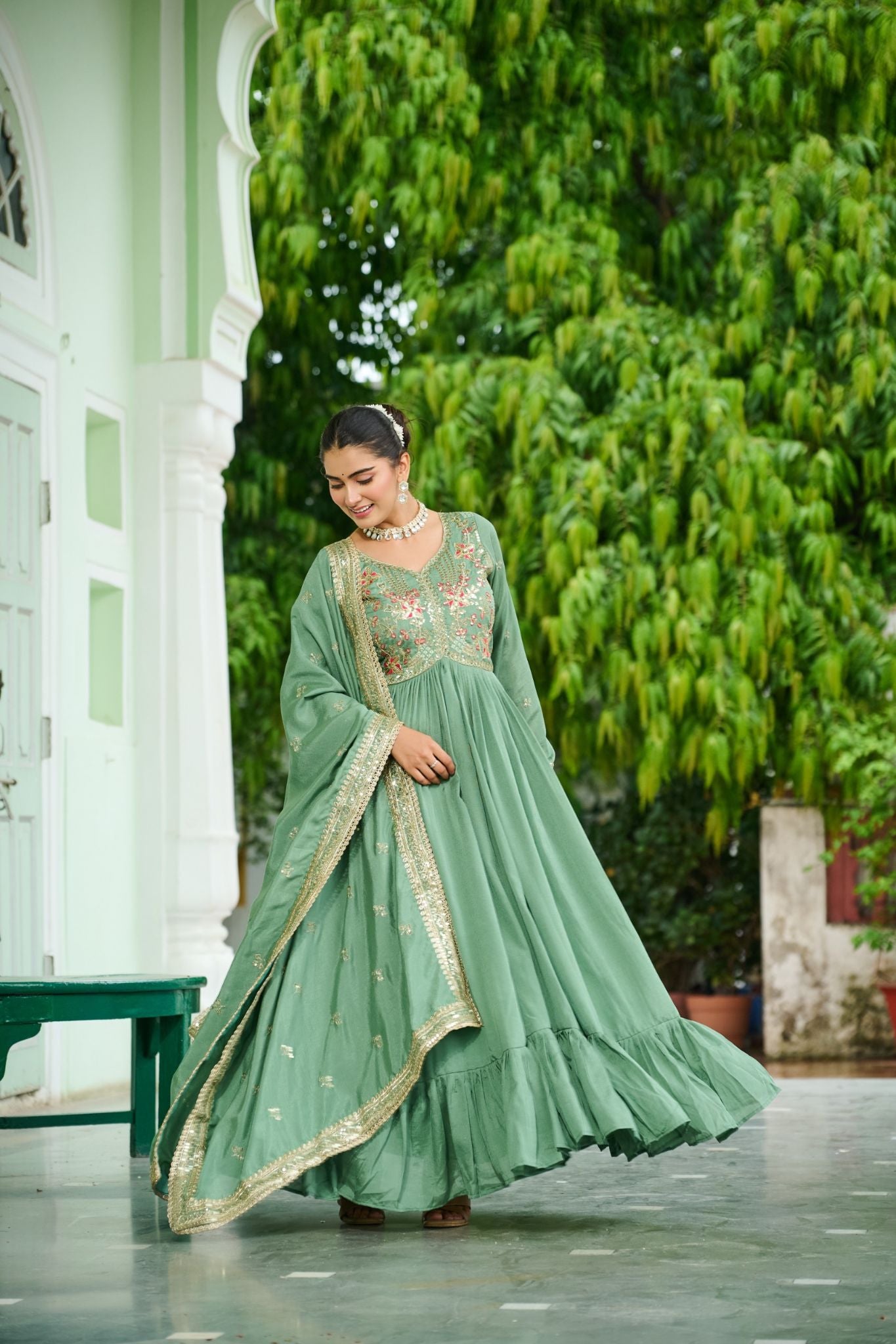 Designer Vichitra Silk Gown with Zari & Thread Embroidery and Dupatta Party Wear Dress
