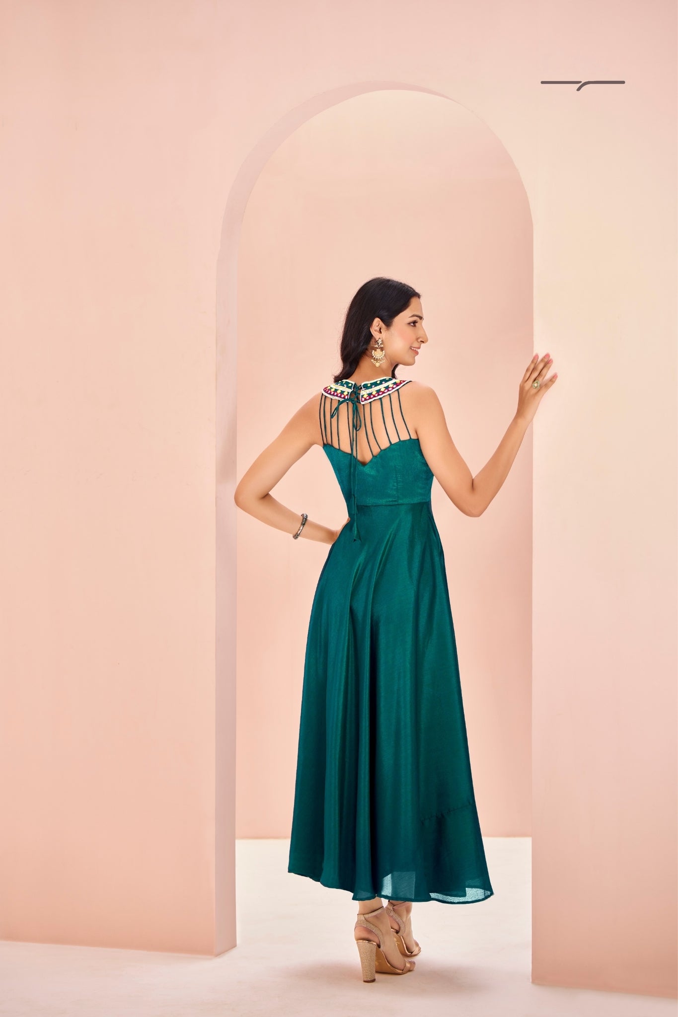 Teal Symphony Hand-Embroidered Chinon Dress