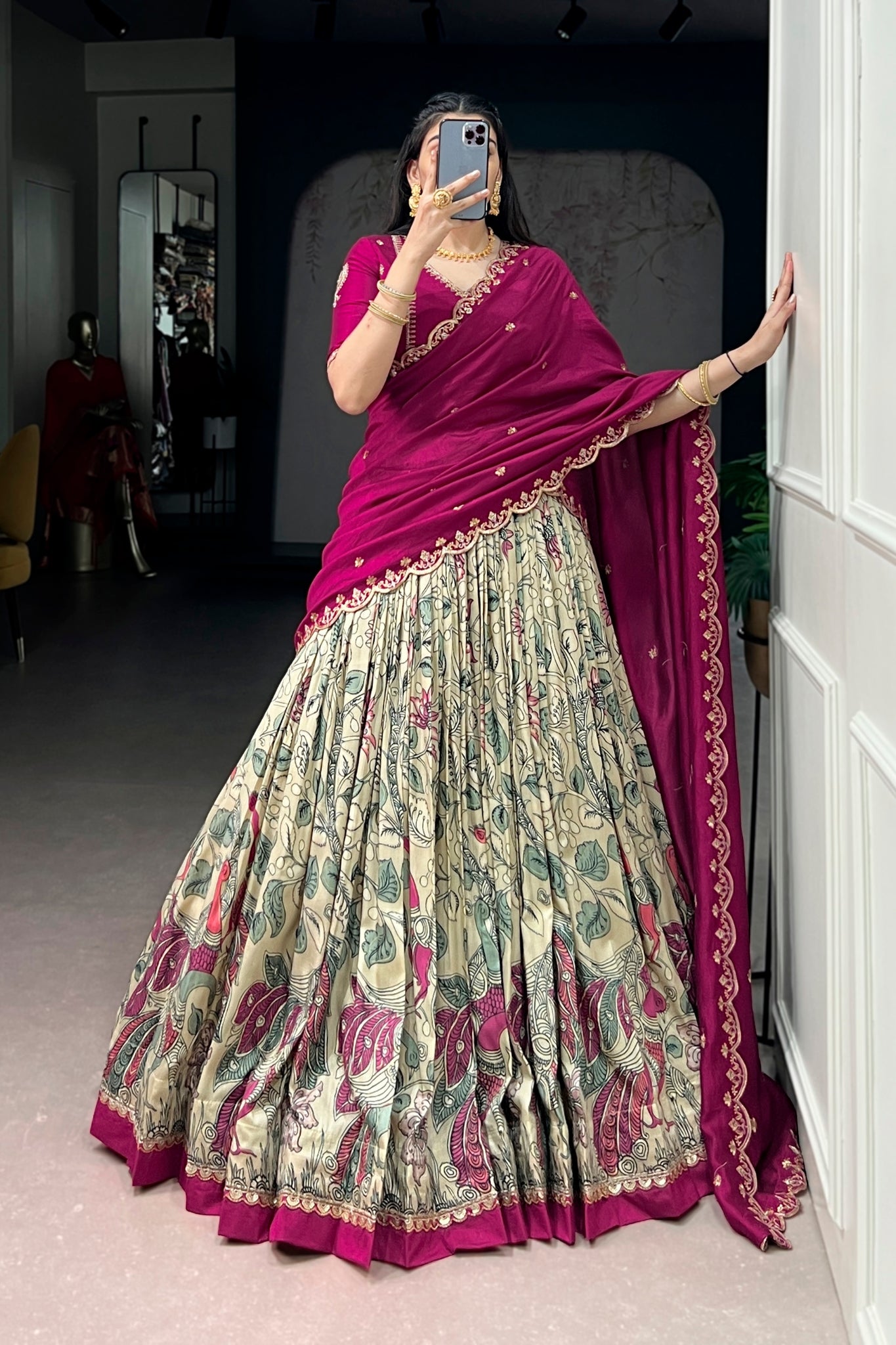 Premium Kalamkari Tasar Silk Lehenga Choli With Embroidered Dupatta
