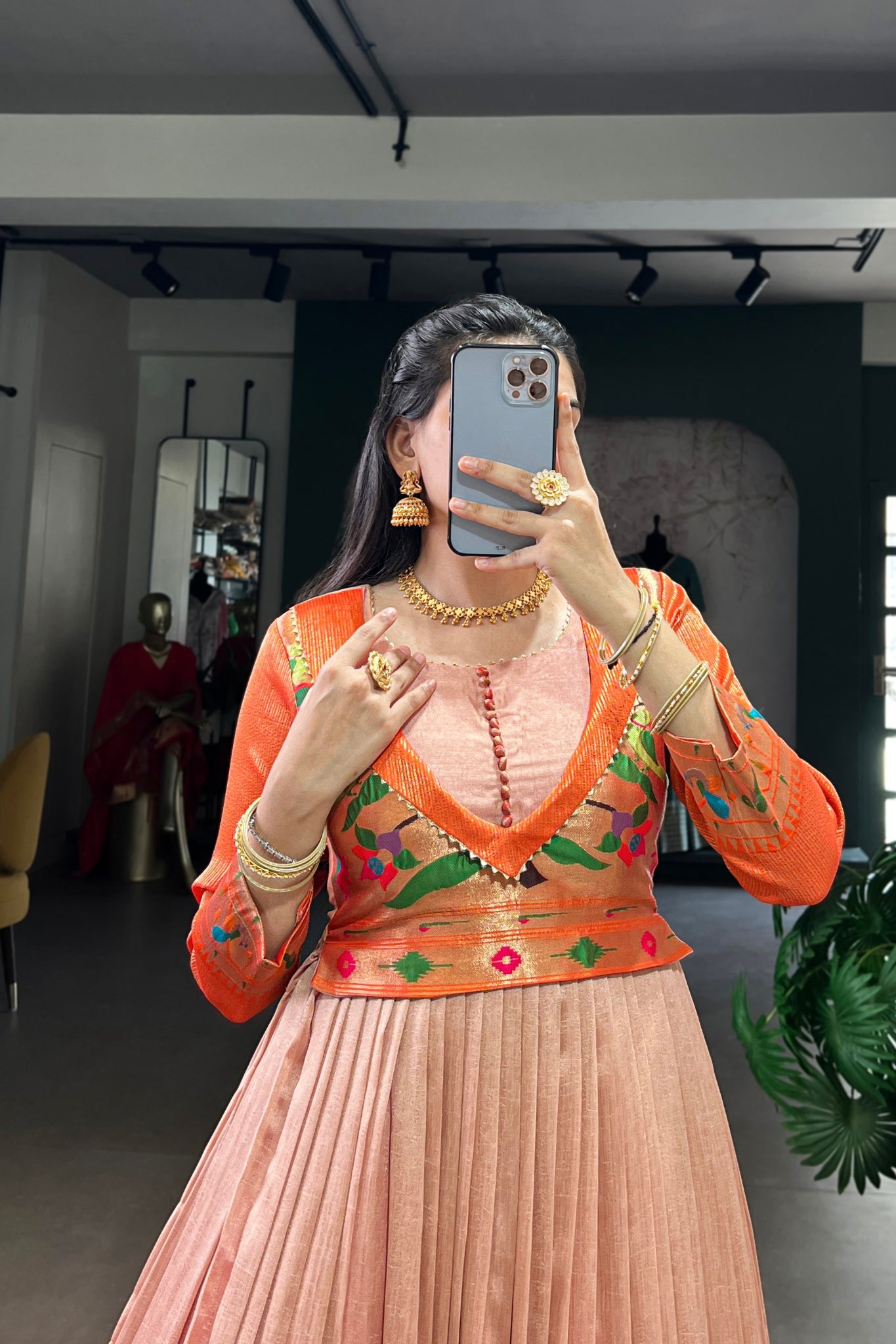 Peach Vichitra Silk Zari Woven Flared Dress With Lace Detailing