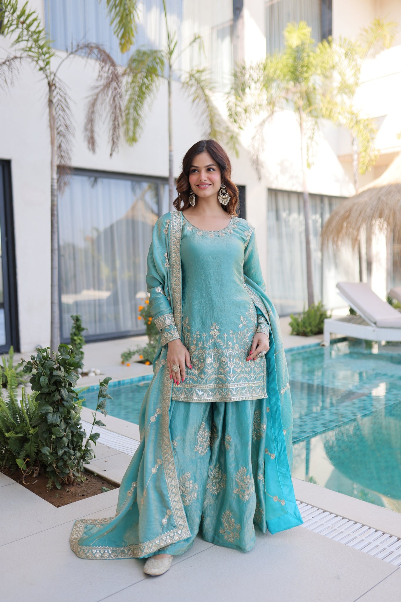 Premium Fendi Crush Designer Zari With Sequins Embroidery Suit Set