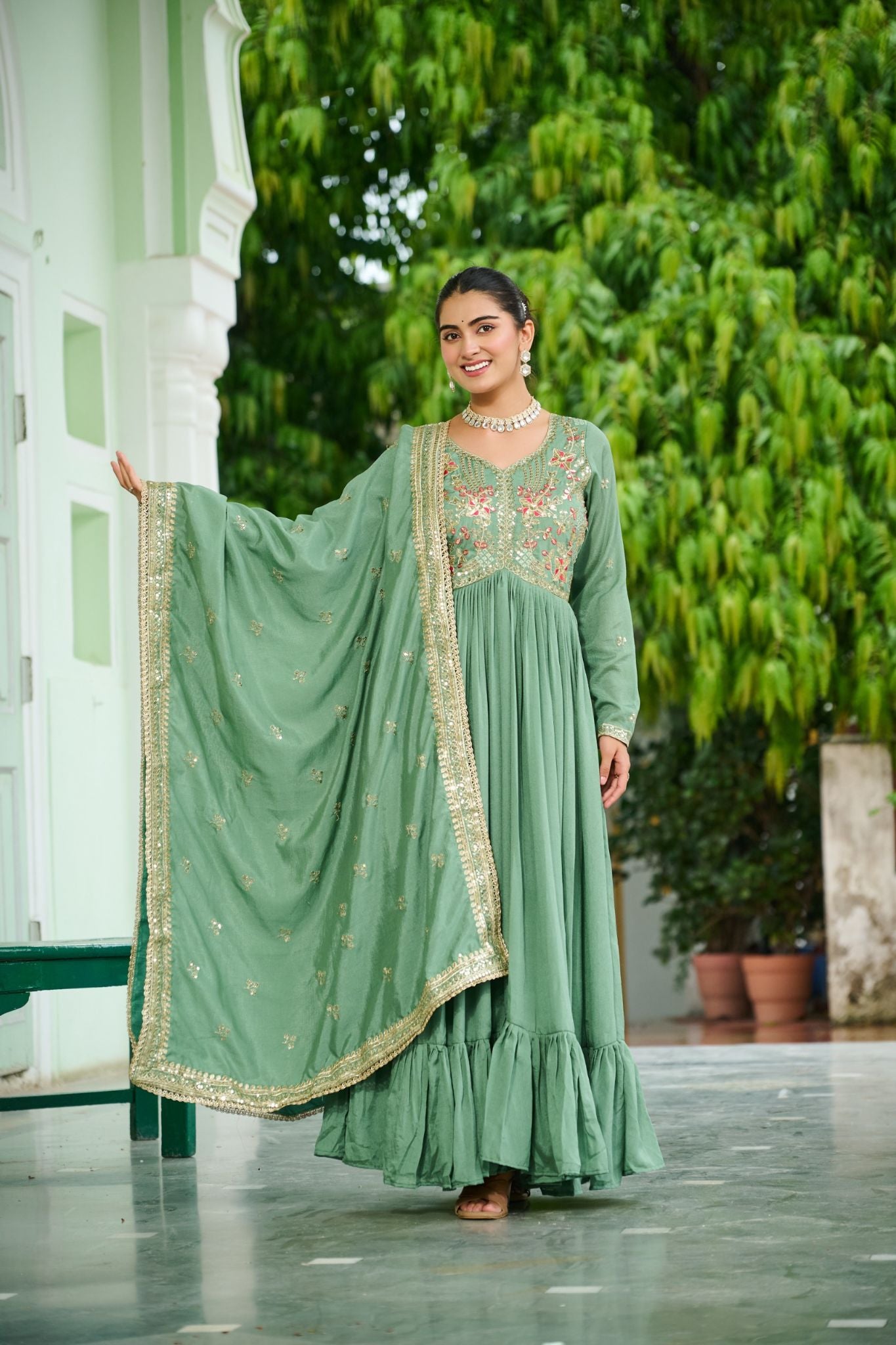 Designer Vichitra Silk Gown with Zari & Thread Embroidery and Dupatta Party Wear Dress