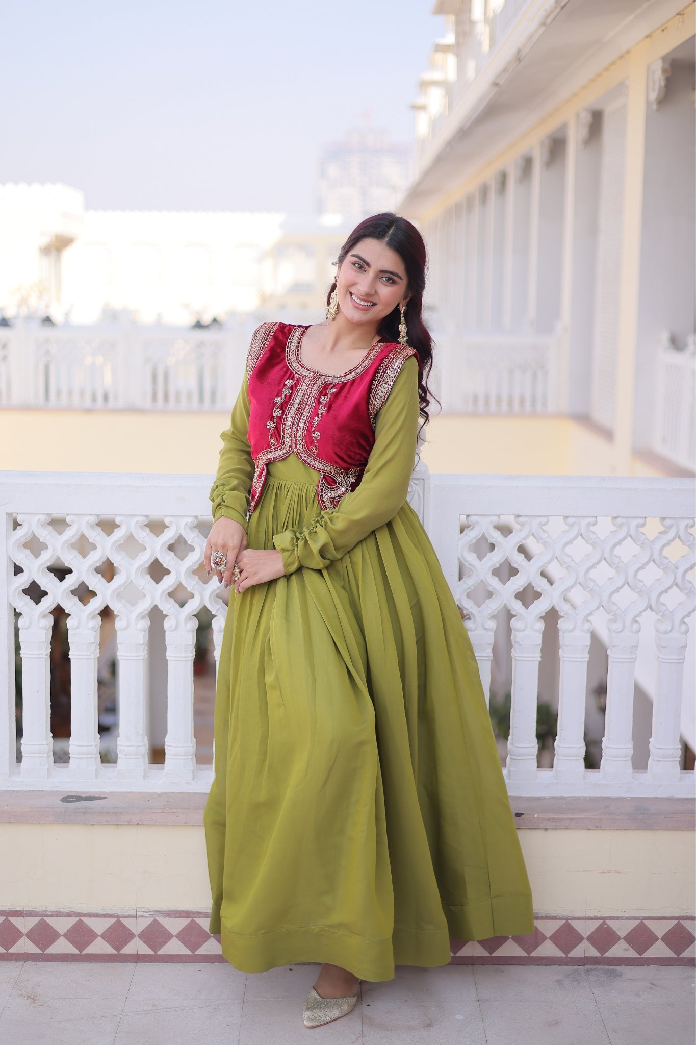 Mal Chanderi Anarkali Gown With Velvet Koti For Women