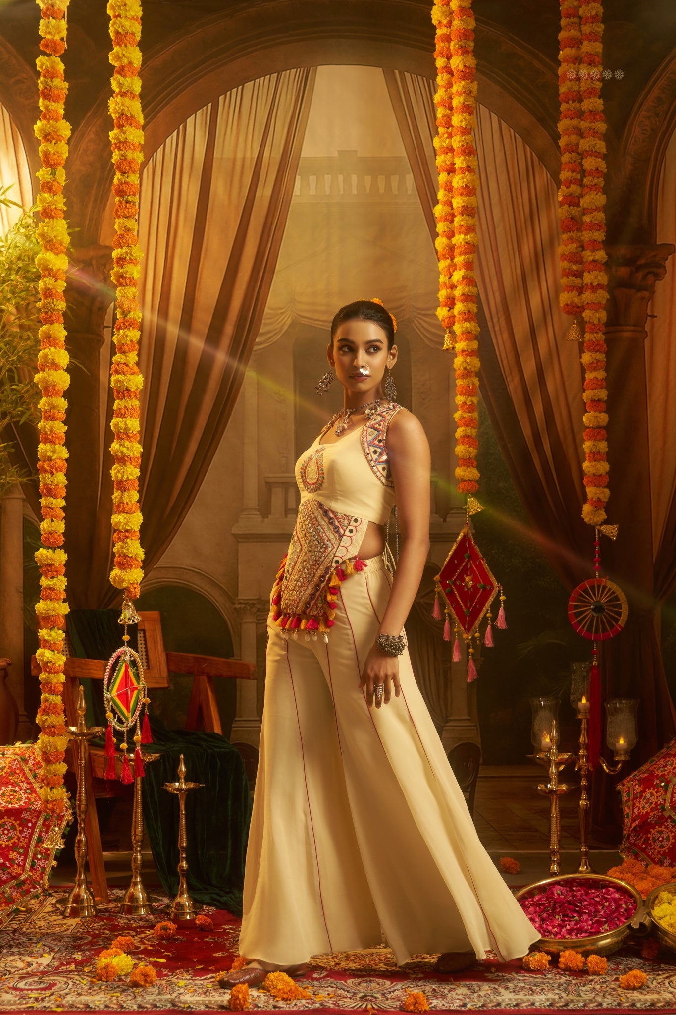 Cream Georgette Designer Festive Set With Thread, Mirror And Shell Handwork