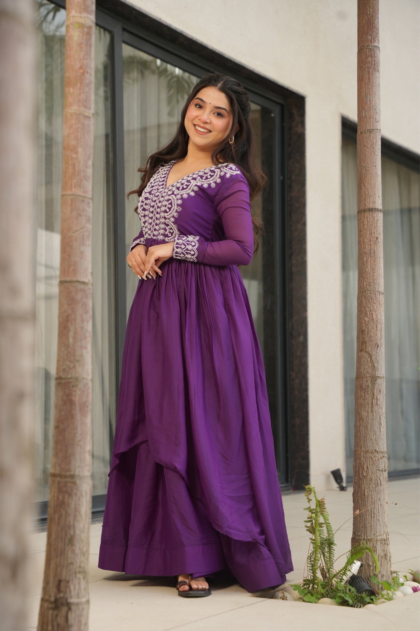 Georgette Embroidered Beads Sequins Work Double Flair Wedding Stylish Gown
