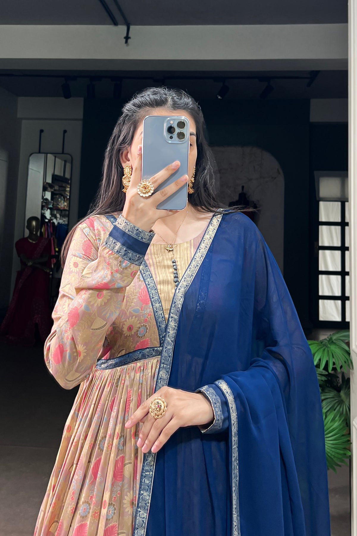 Tasar Silk Floral Print Anarkali Dress with Foil Work & Georgette Lace Border Dupatta