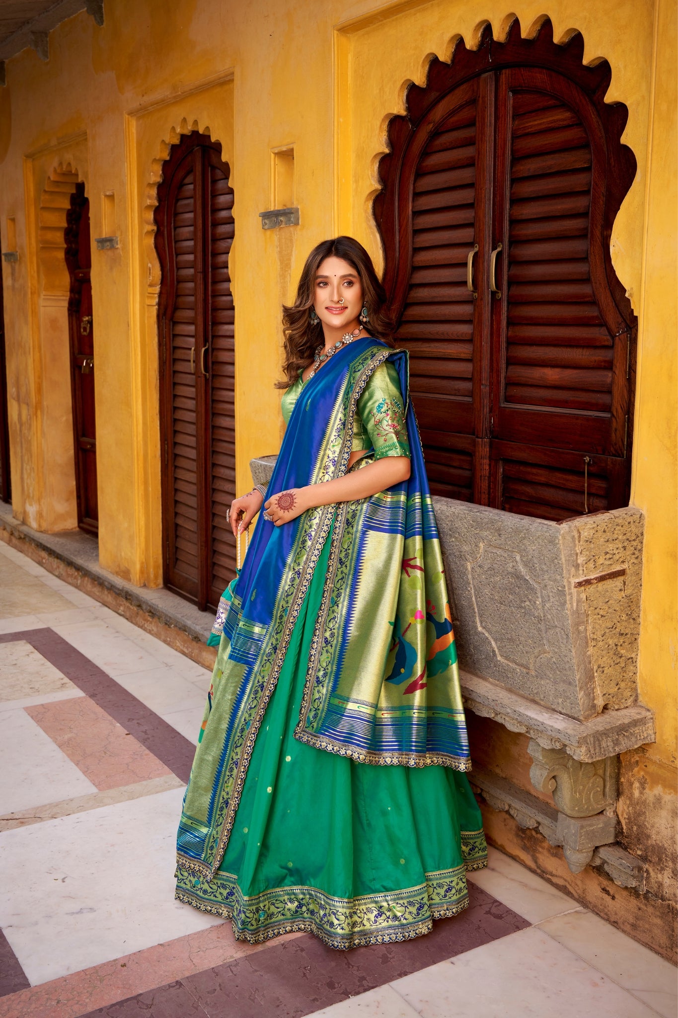 Designer Premium Paithani Soft Silk Zari Weaving Sequins With Thread Embroidery Lehenga Set