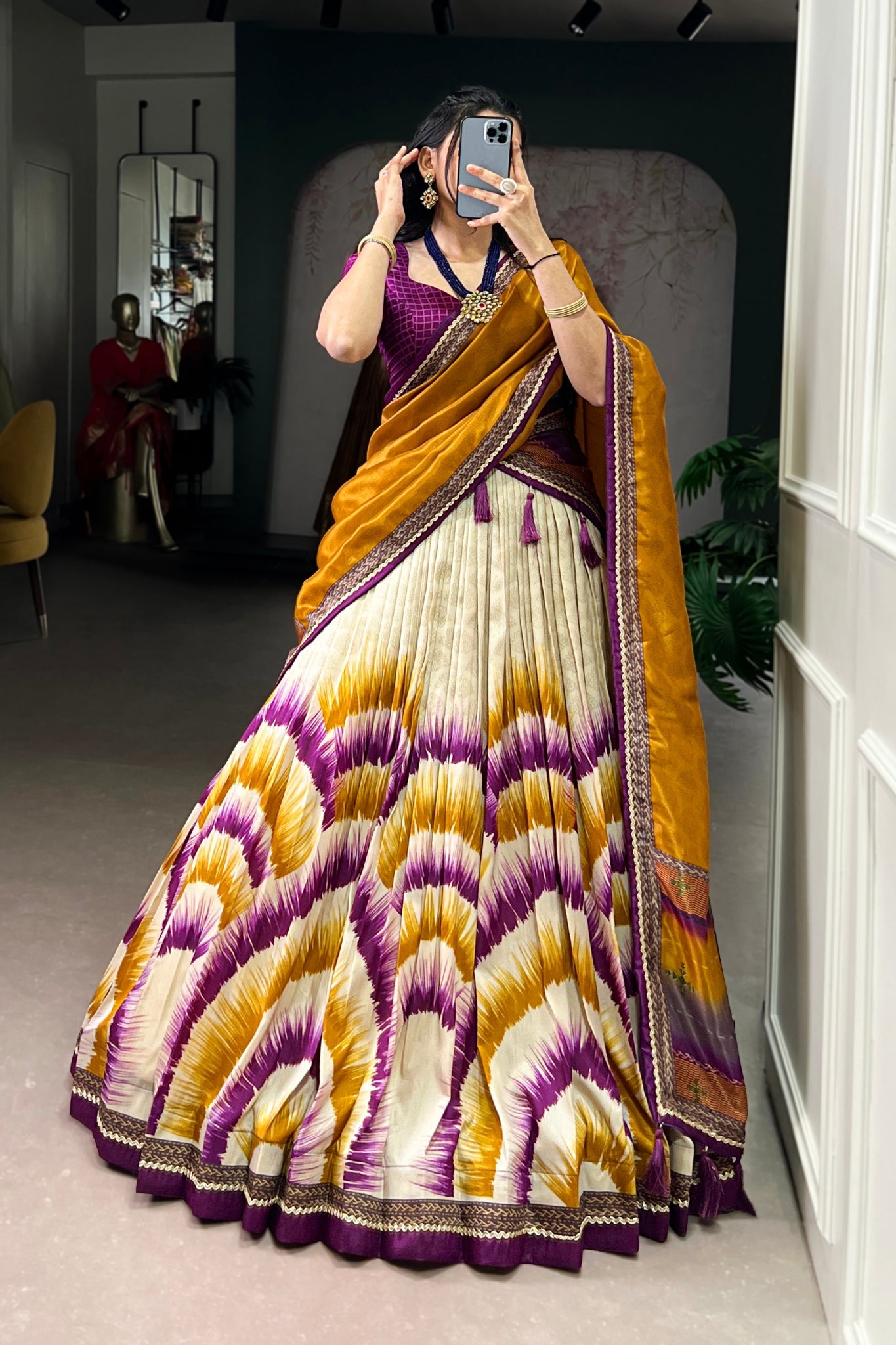 Tasar Silk Tie Dye Lehenga Set With Printed Dupatta And Chex Blouse