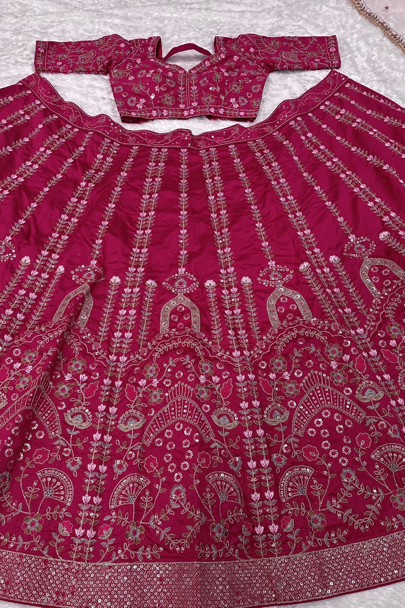 Slub Silk Embroidered Pink Color Bridal Lehenga Choli For Woman