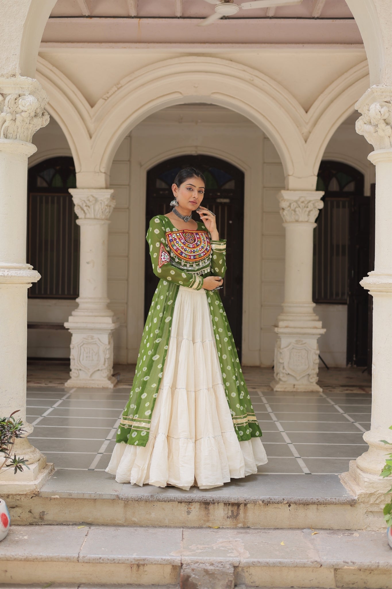 Kora Cotton Stylish Frill Stitching Beautiful Navratri Lehenga With Bandhani Printed Kurti