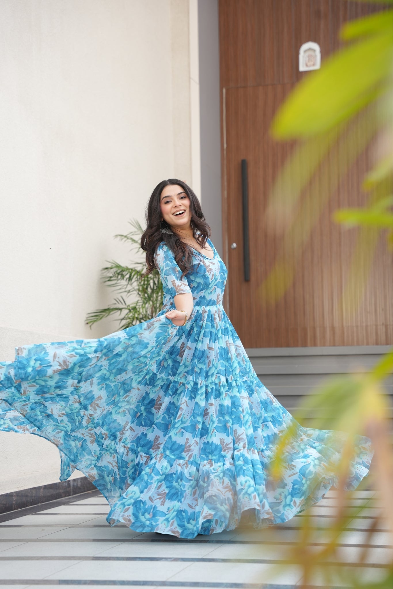 Floral Printed Georgette Women Tiered Gown