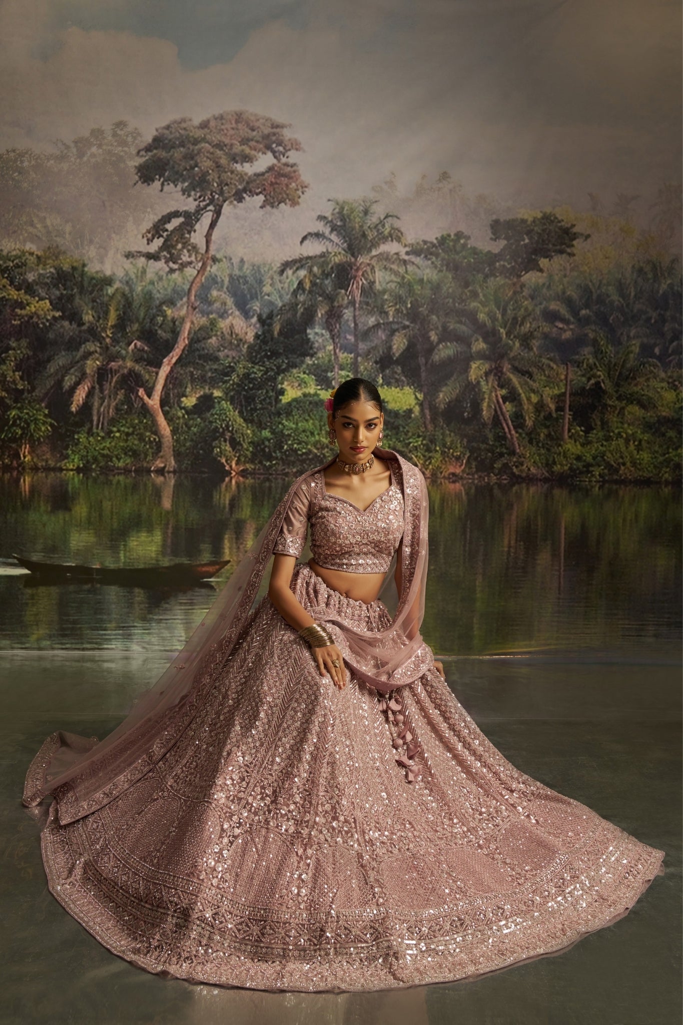 Premium Designer Mauve Heavy Handcrafted Soft Net Royal Lehenga Set