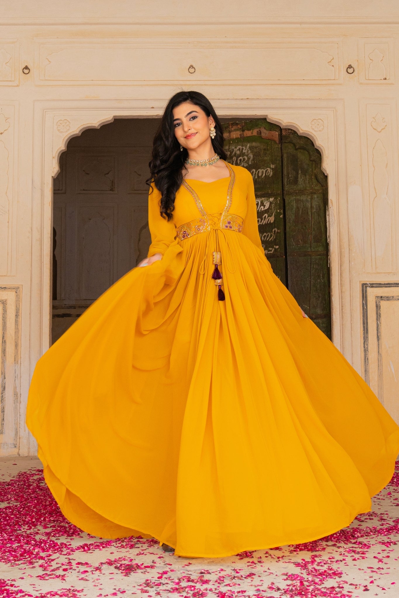 Regal Mustard Georgette Anarkali Adorned With Intricate Embroidery