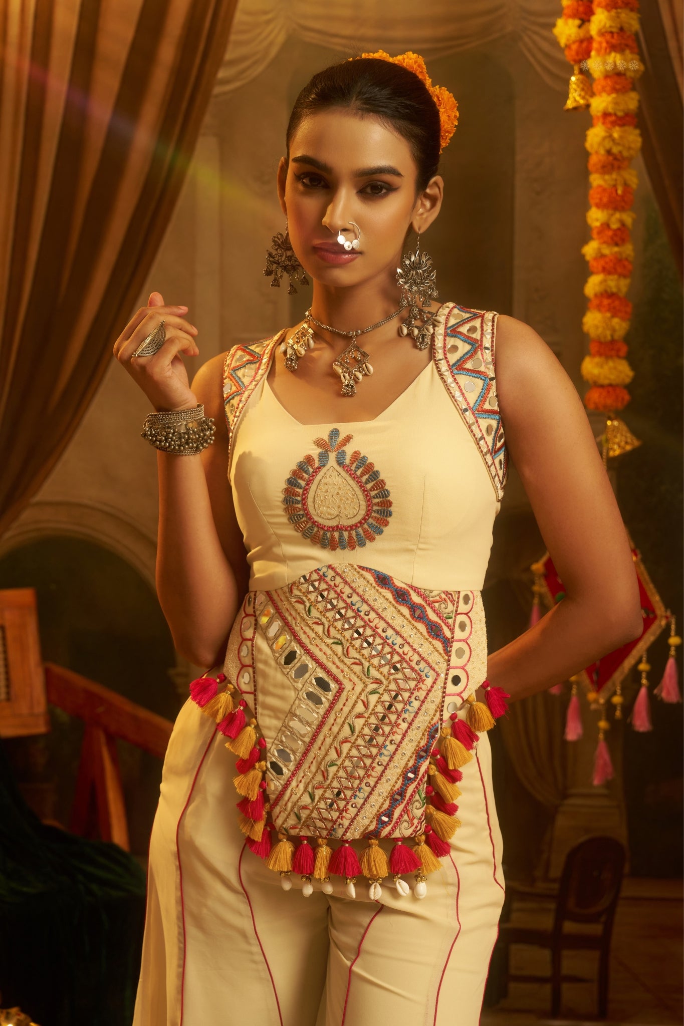 Cream Georgette Designer Festive Set With Thread, Mirror And Shell Handwork