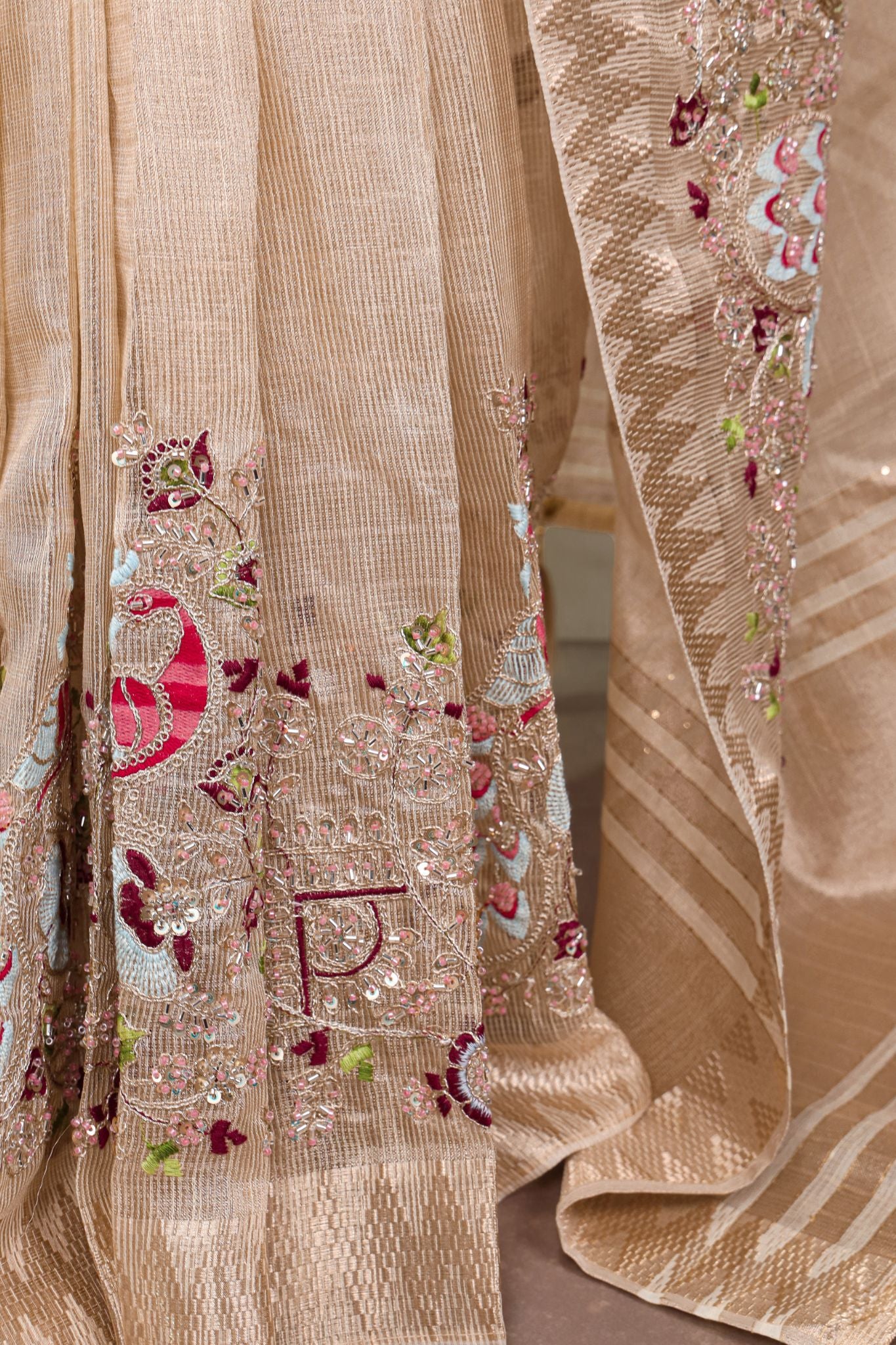 Premium Zari Kota Tissue Saree | Embroidery Beads Work Zari Weaving Border