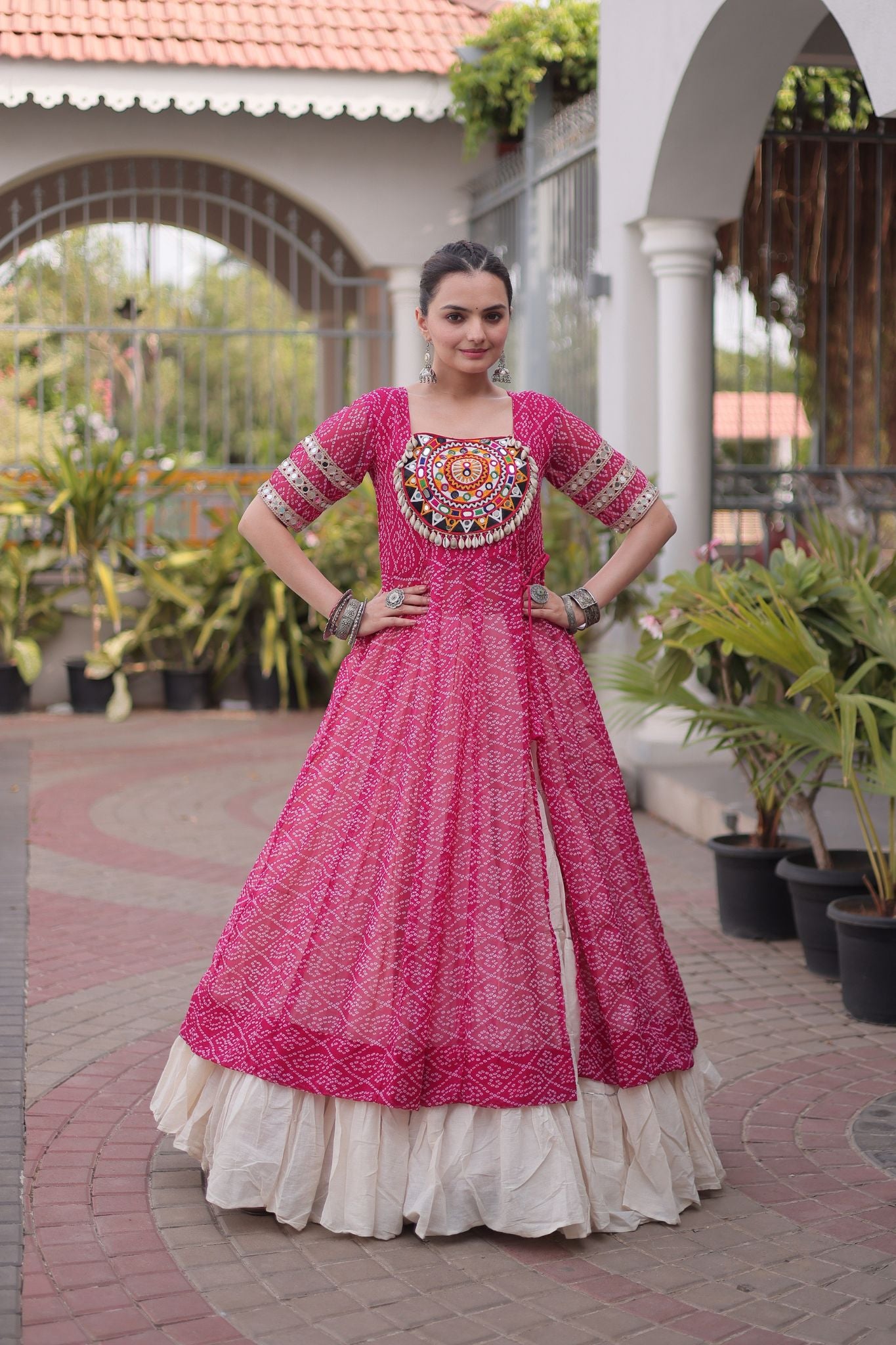 Raasrang Navratri Designer Kora Cotton Lehenga With Kutchi Patchwork Bandhani Print Kurti For Garba & Dandiya