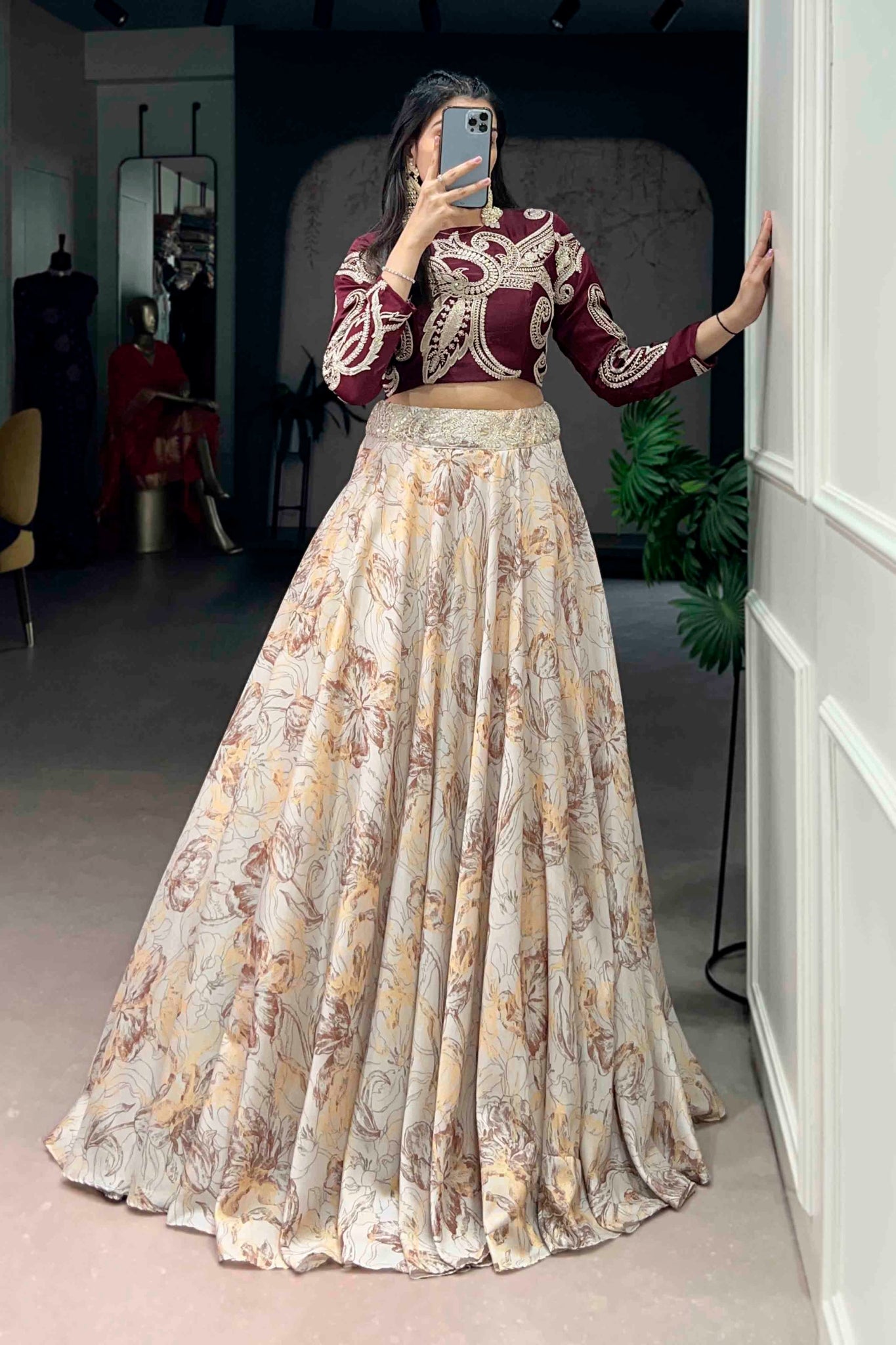 Floral Printed Tasar Silk Lehenga Choli