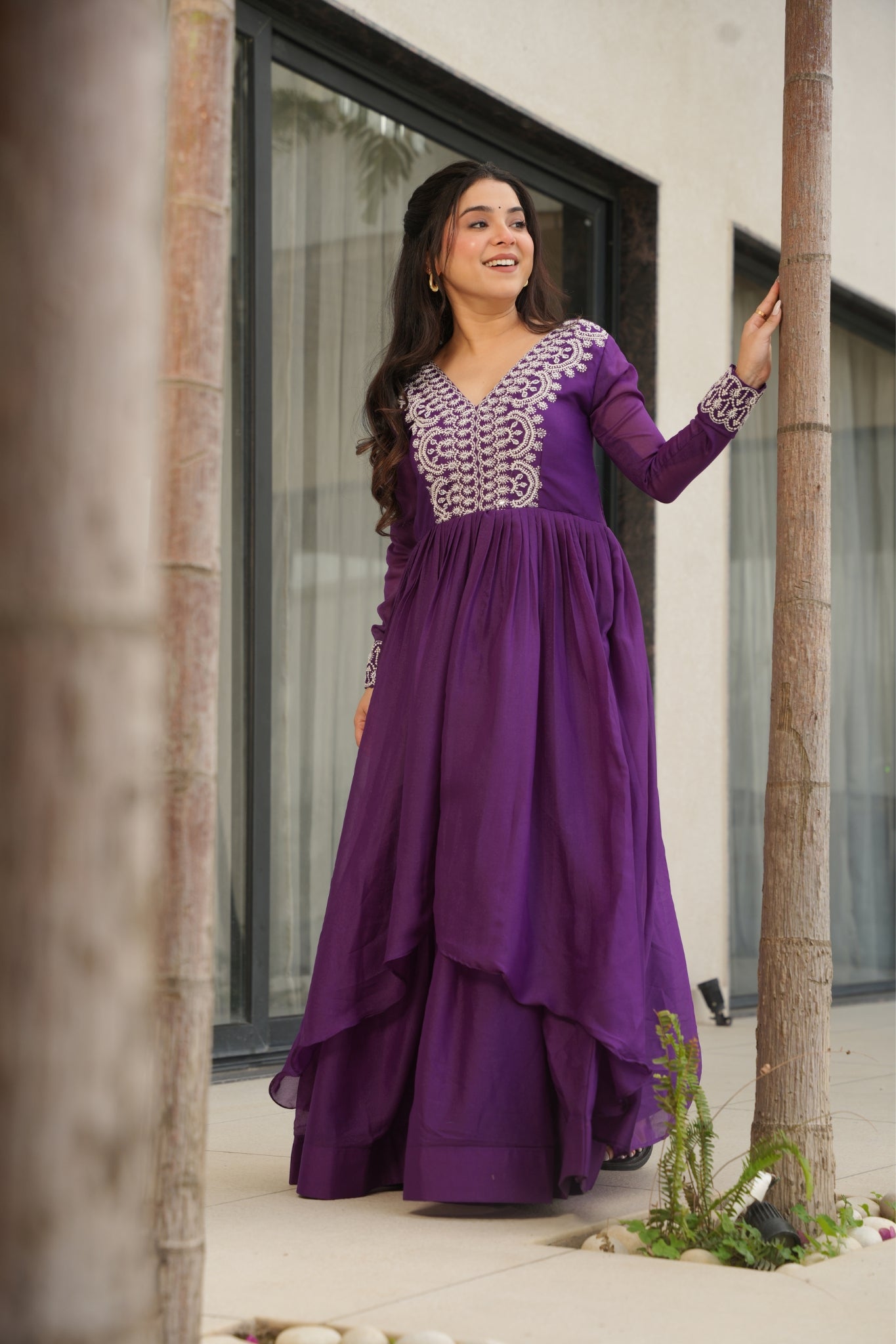 Georgette Embroidered Beads Sequins Work Double Flair Wedding Stylish Gown