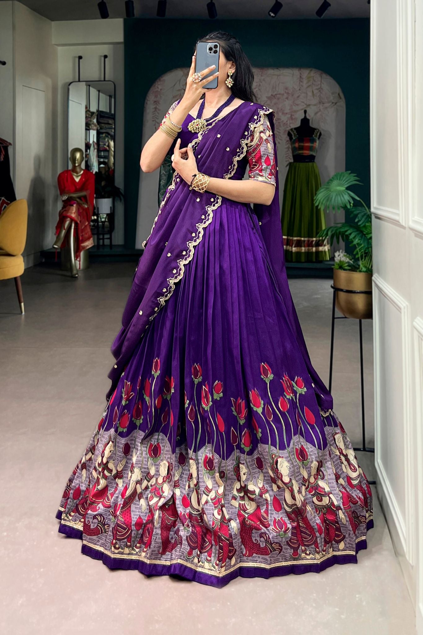 Designer Tasar Silk Kalamkari Print Wedding And Festive Lehenga Choli