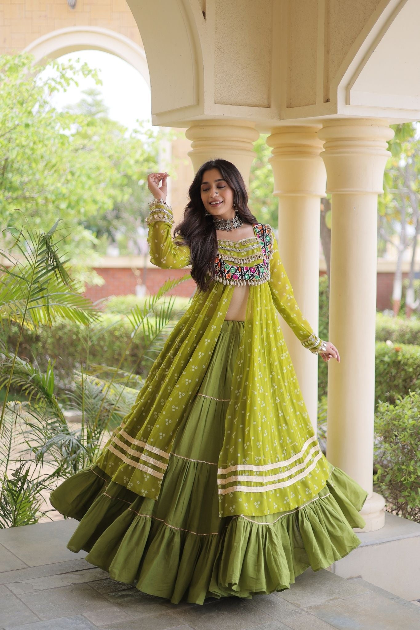 Raasrang Special Navratri Designer Kora Cotton Bandhani Print with Kutchi Patchwork Lehenga Choli