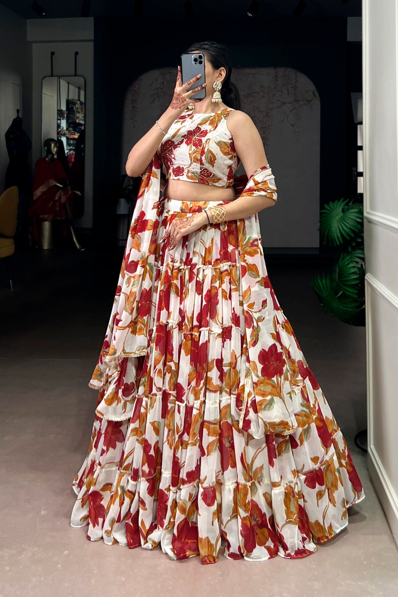 Floral Marble Print Lehenga Choli Set For Women
