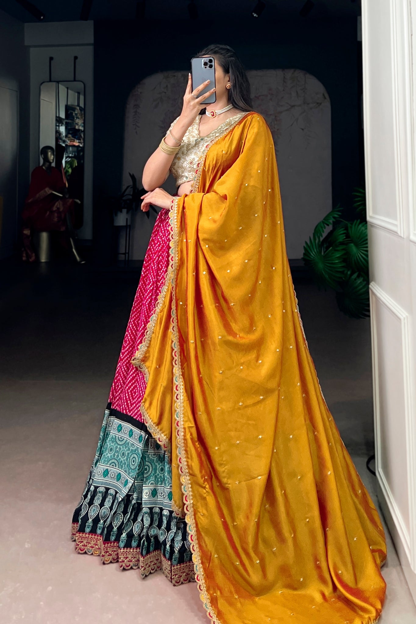 Bandhej Ajrakh Printed Lehenga Choli With Dupatta