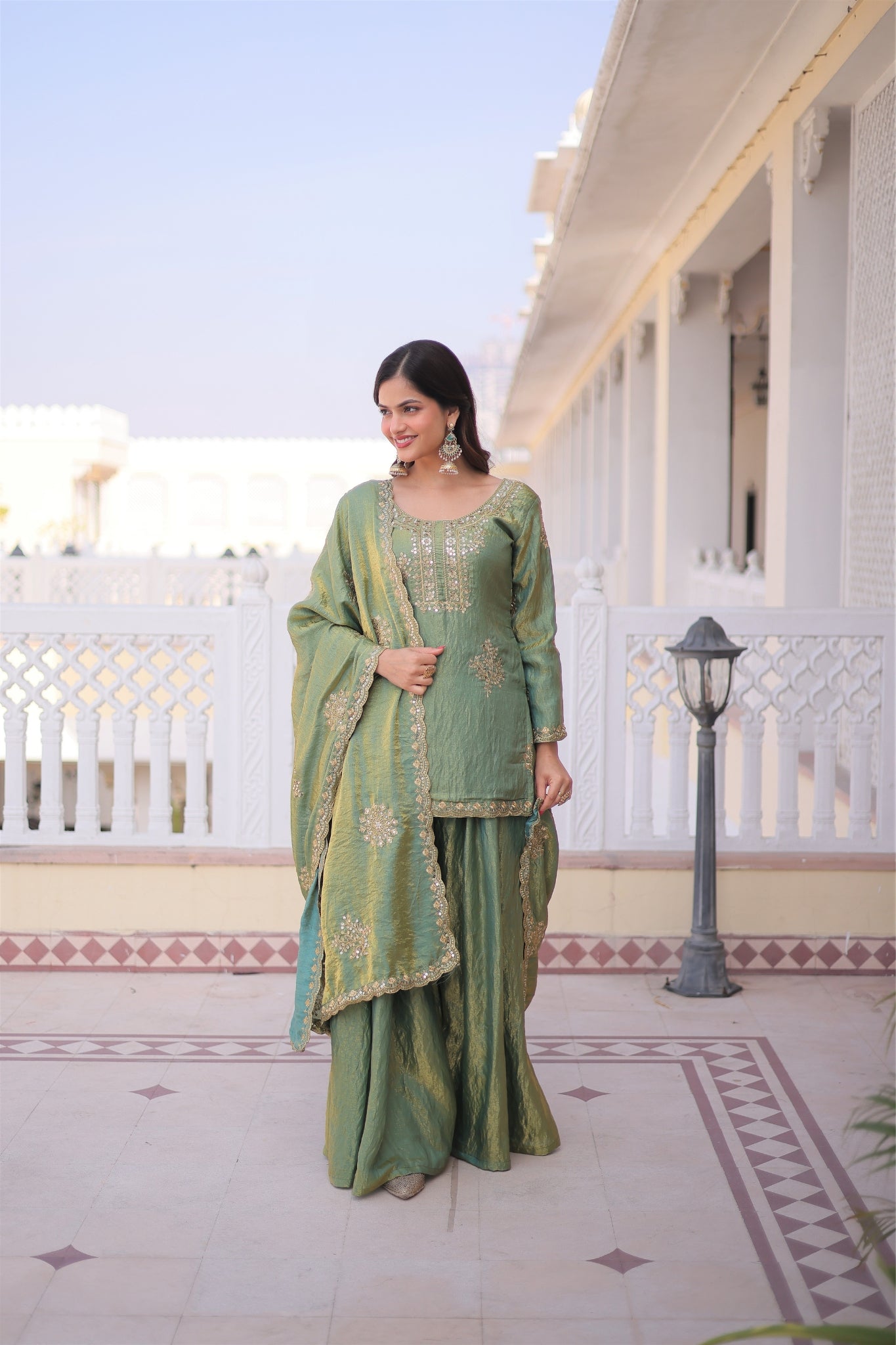 Fendi Crush Zari Sequins Embroidered Kurti Sharara Set With Designer Dupatta