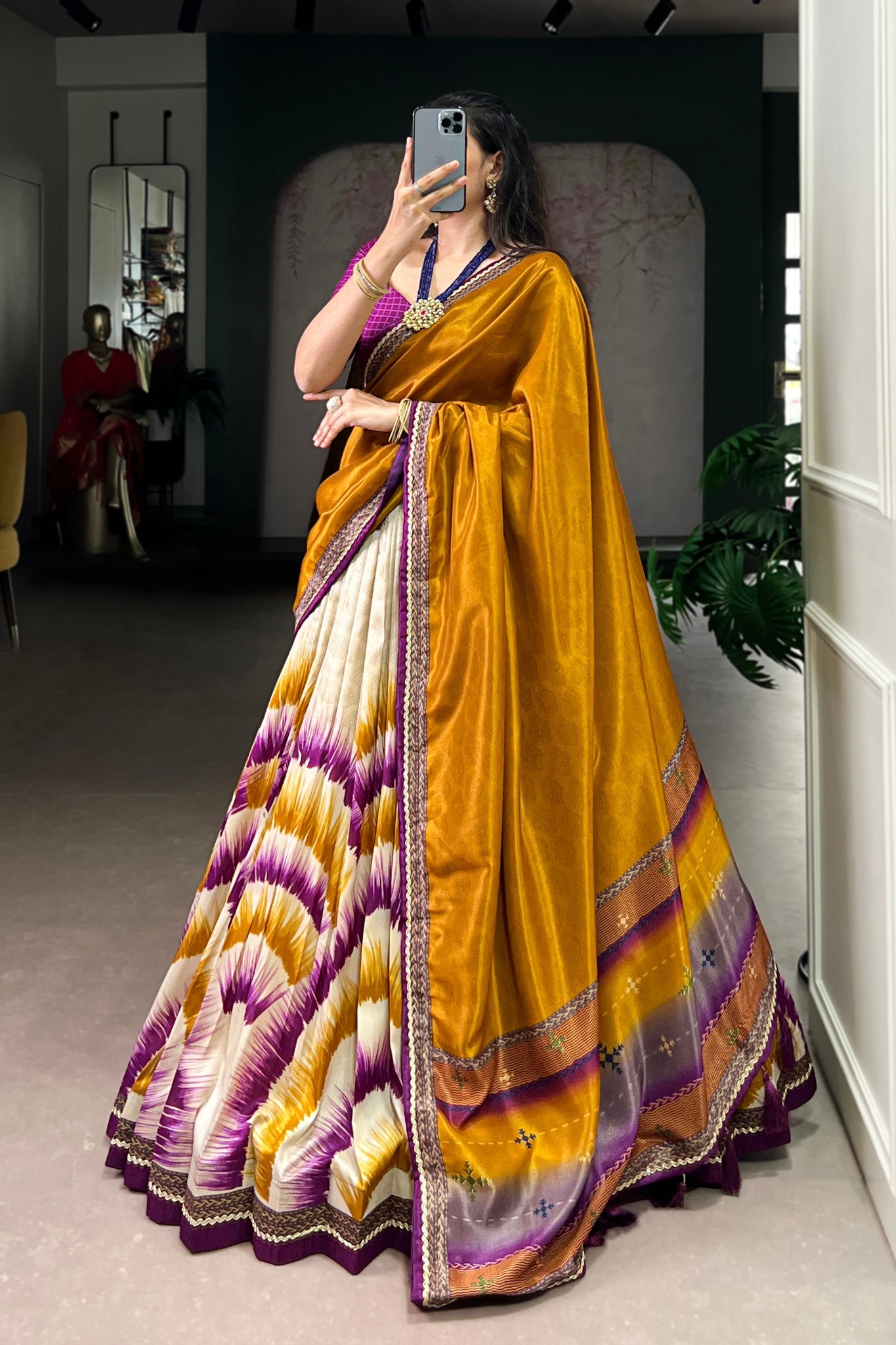 Tasar Silk Tie Dye Lehenga Set With Printed Dupatta And Chex Blouse