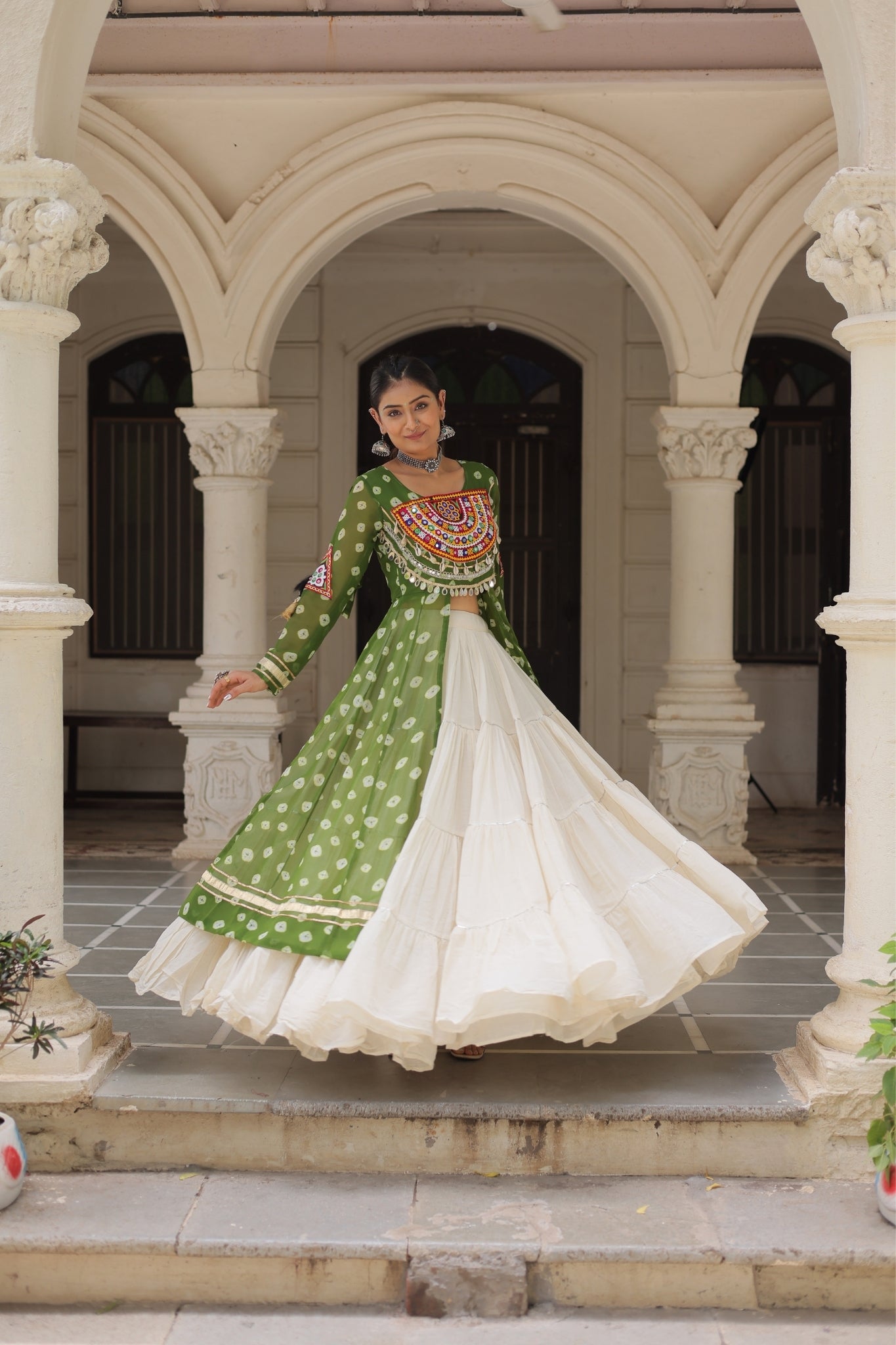 Kora Cotton Stylish Frill Stitching Beautiful Navratri Lehenga With Bandhani Printed Kurti