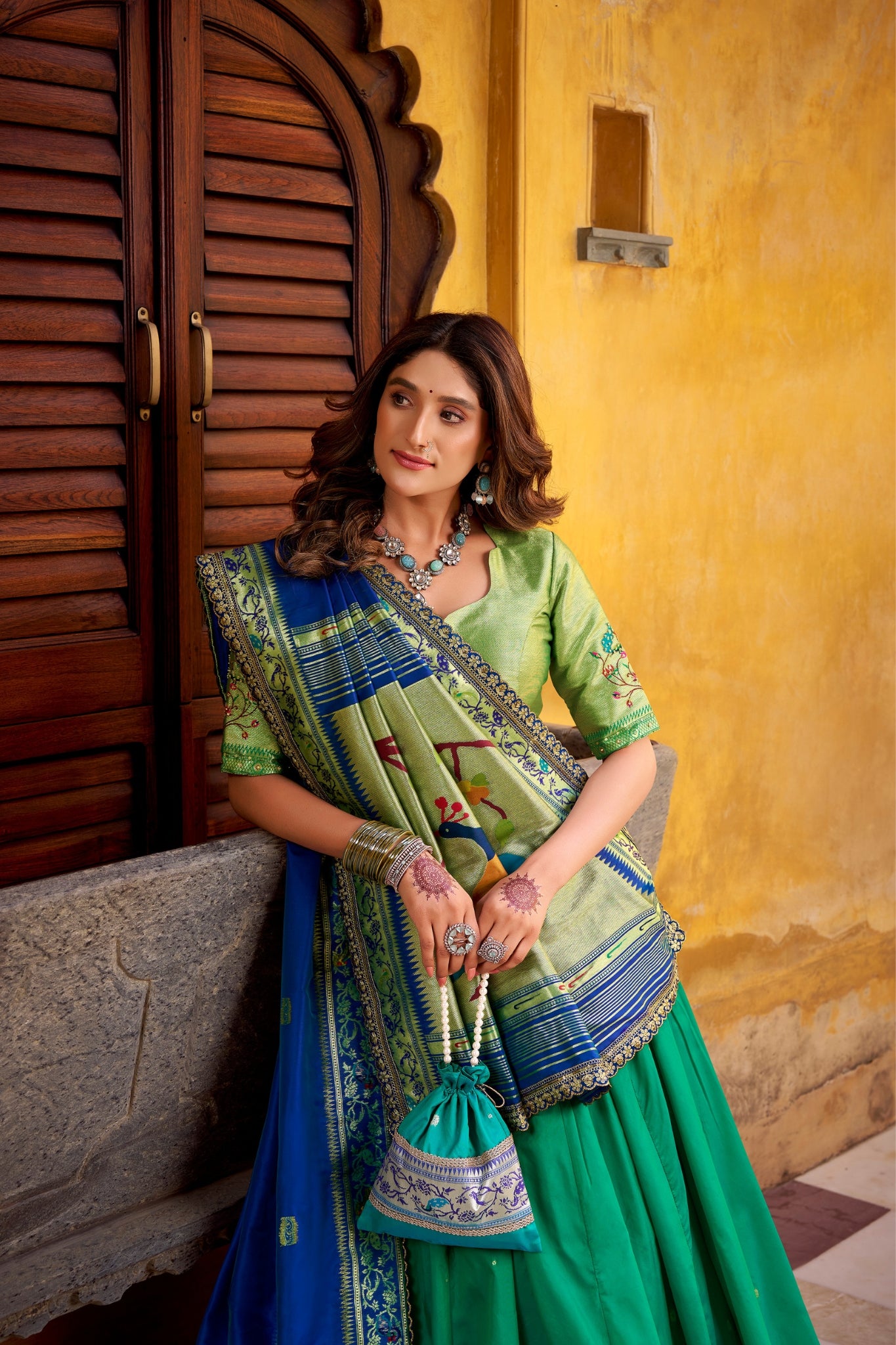 Designer Premium Paithani Soft Silk Zari Weaving Sequins With Thread Embroidery Lehenga Set