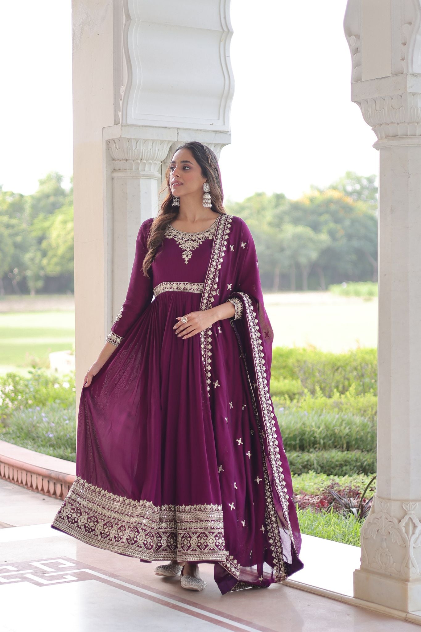 Luxury Vichitra Silk Embroidered Gown Set