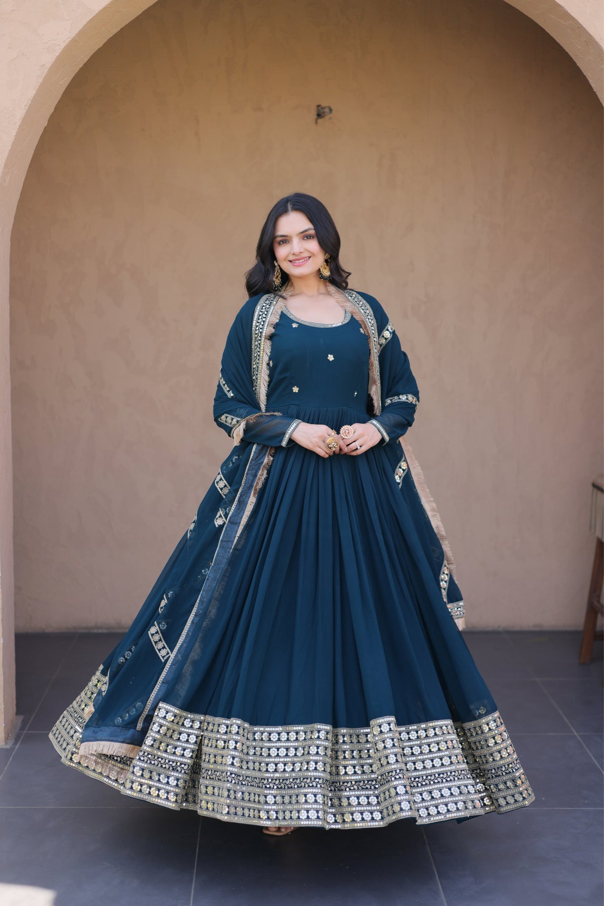 Designer Faux Blooming Anarkali Gown With Dupatta Set