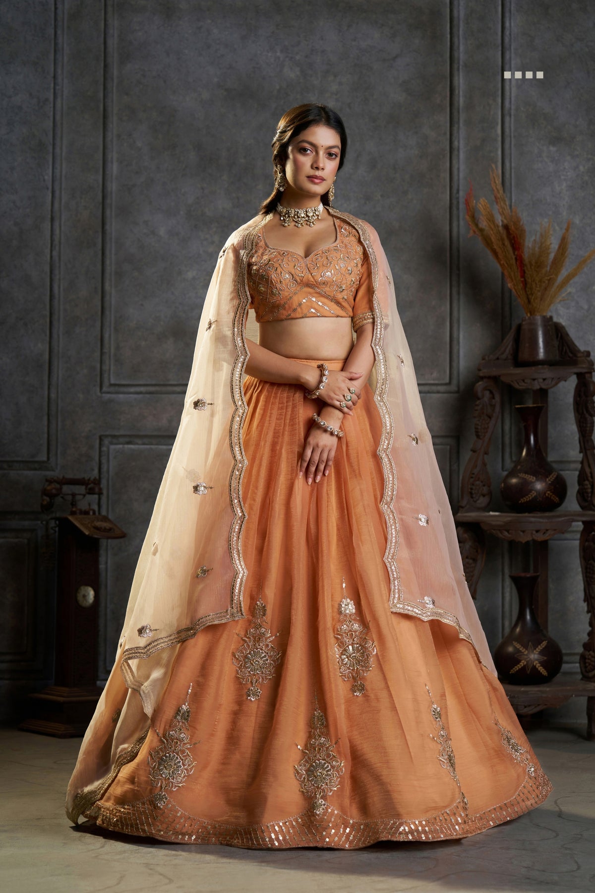 Rust Orange Pure Organza Embroidered Designer Lehenga Choli