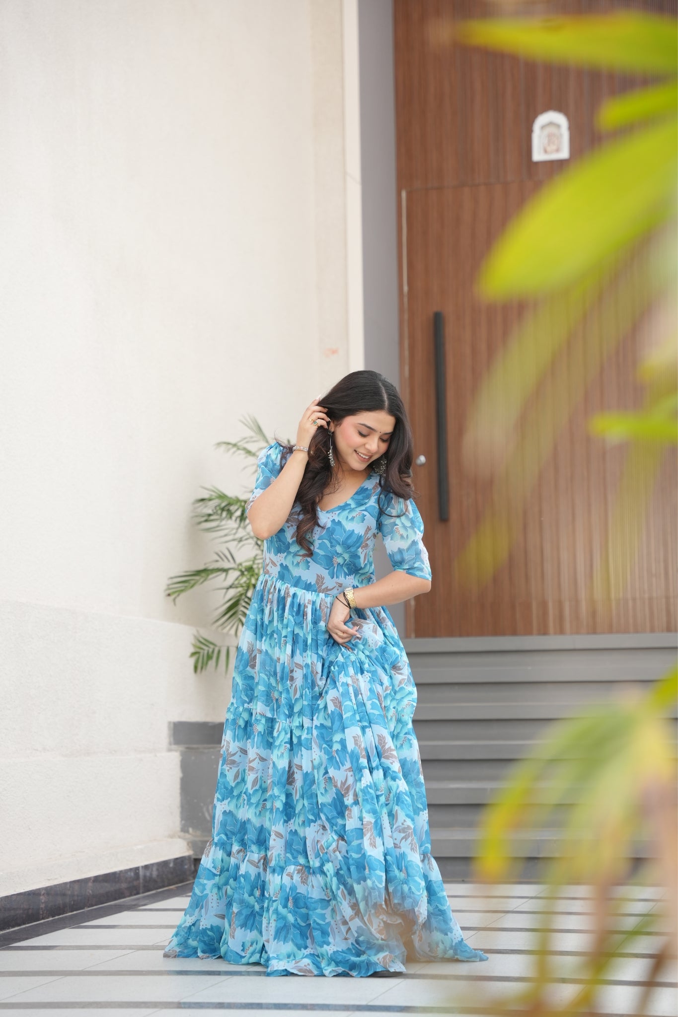 Floral Printed Georgette Women Tiered Gown