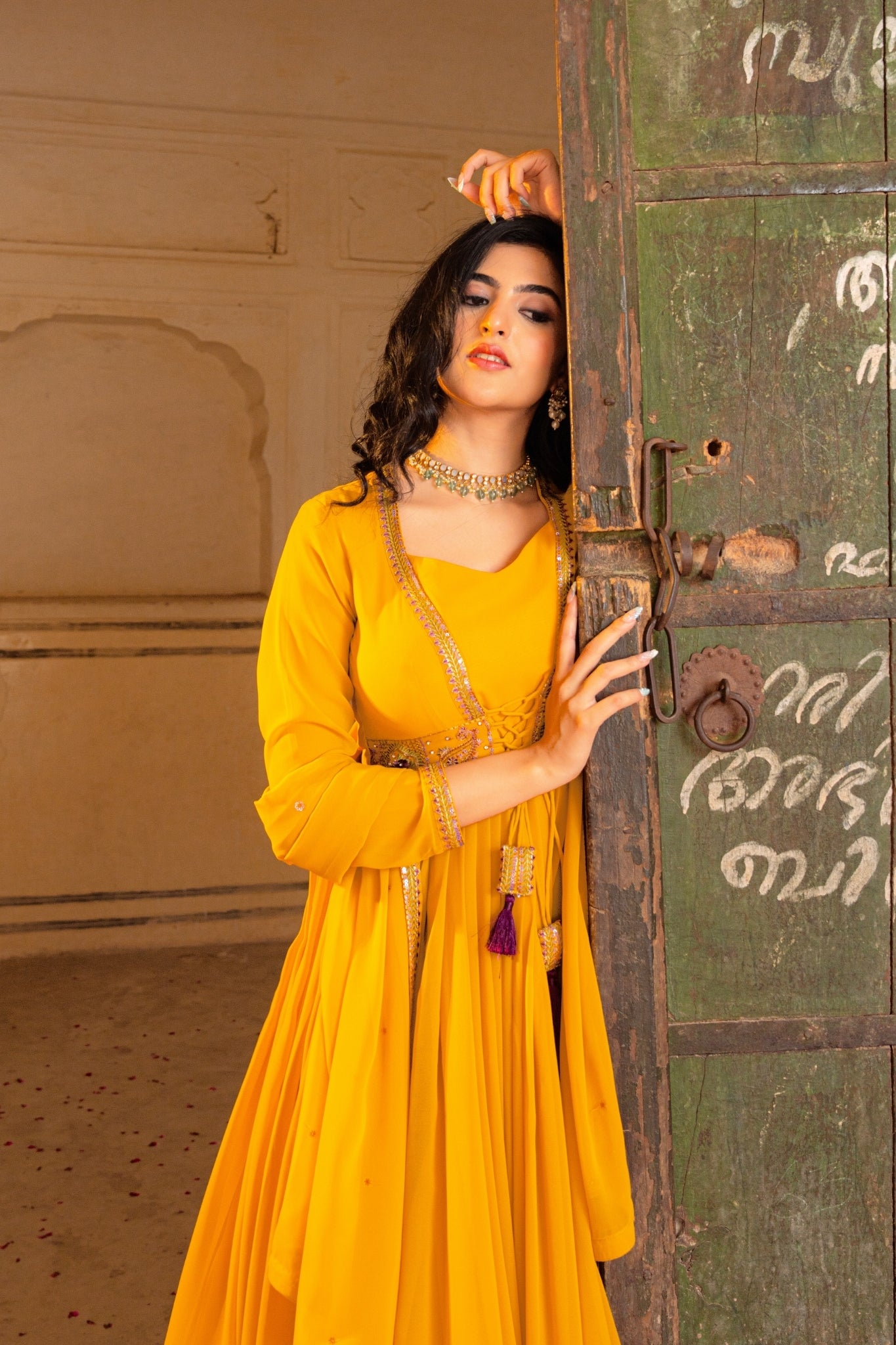 Regal Mustard Georgette Anarkali Adorned With Intricate Embroidery