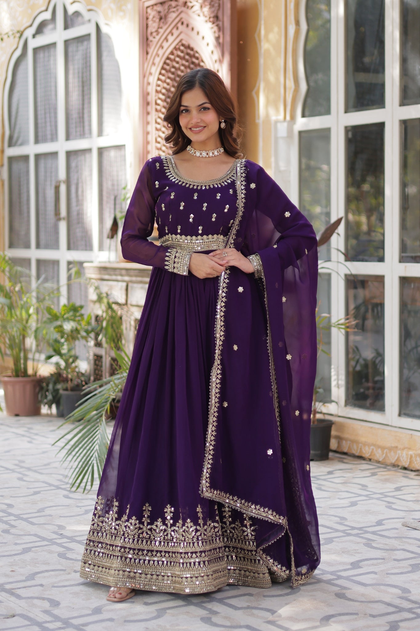 Elegance Luxury Designer Embroidered Work Gown With Dupatta Set