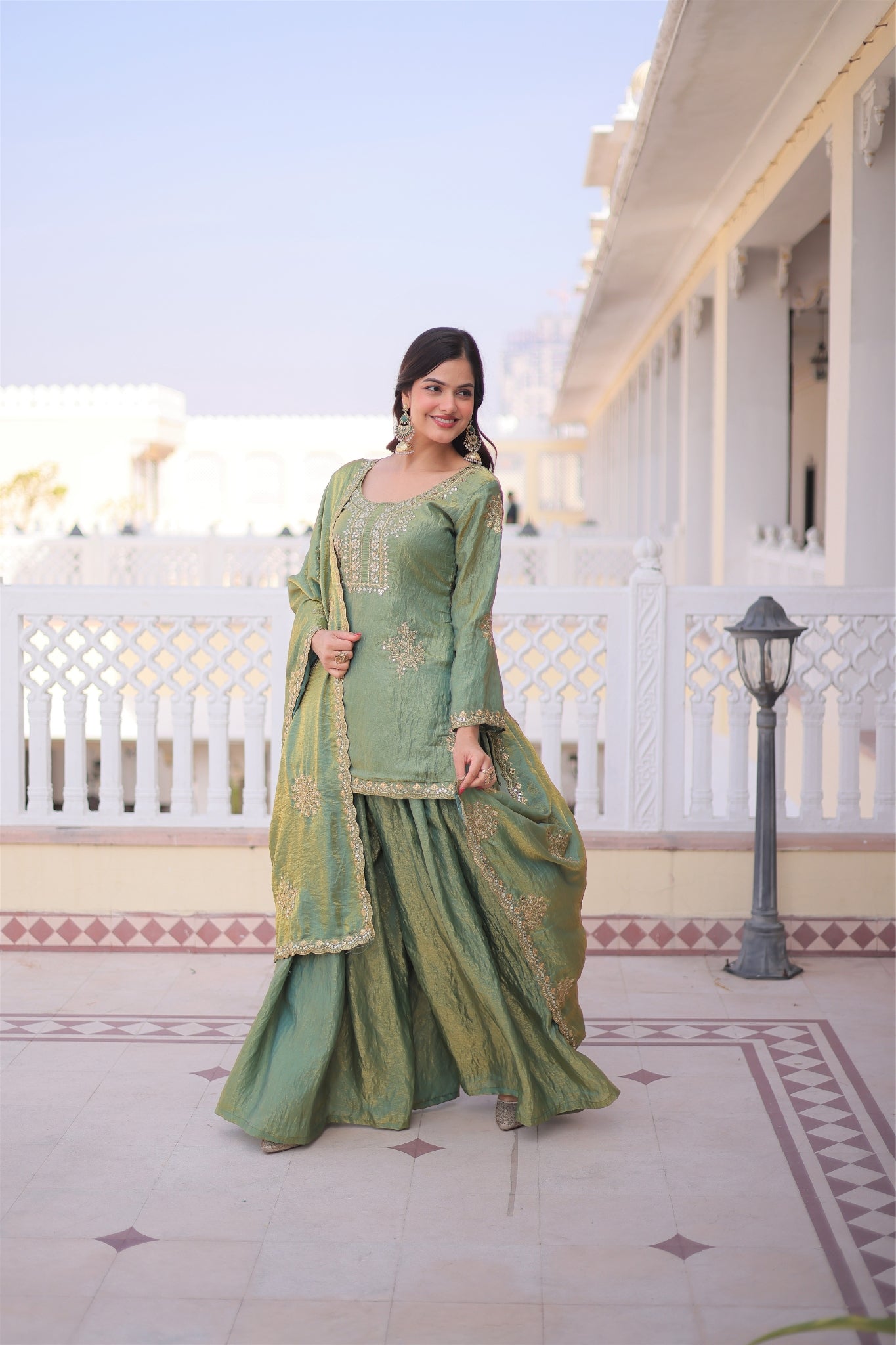 Fendi Crush Zari Sequins Embroidered Kurti Sharara Set With Designer Dupatta