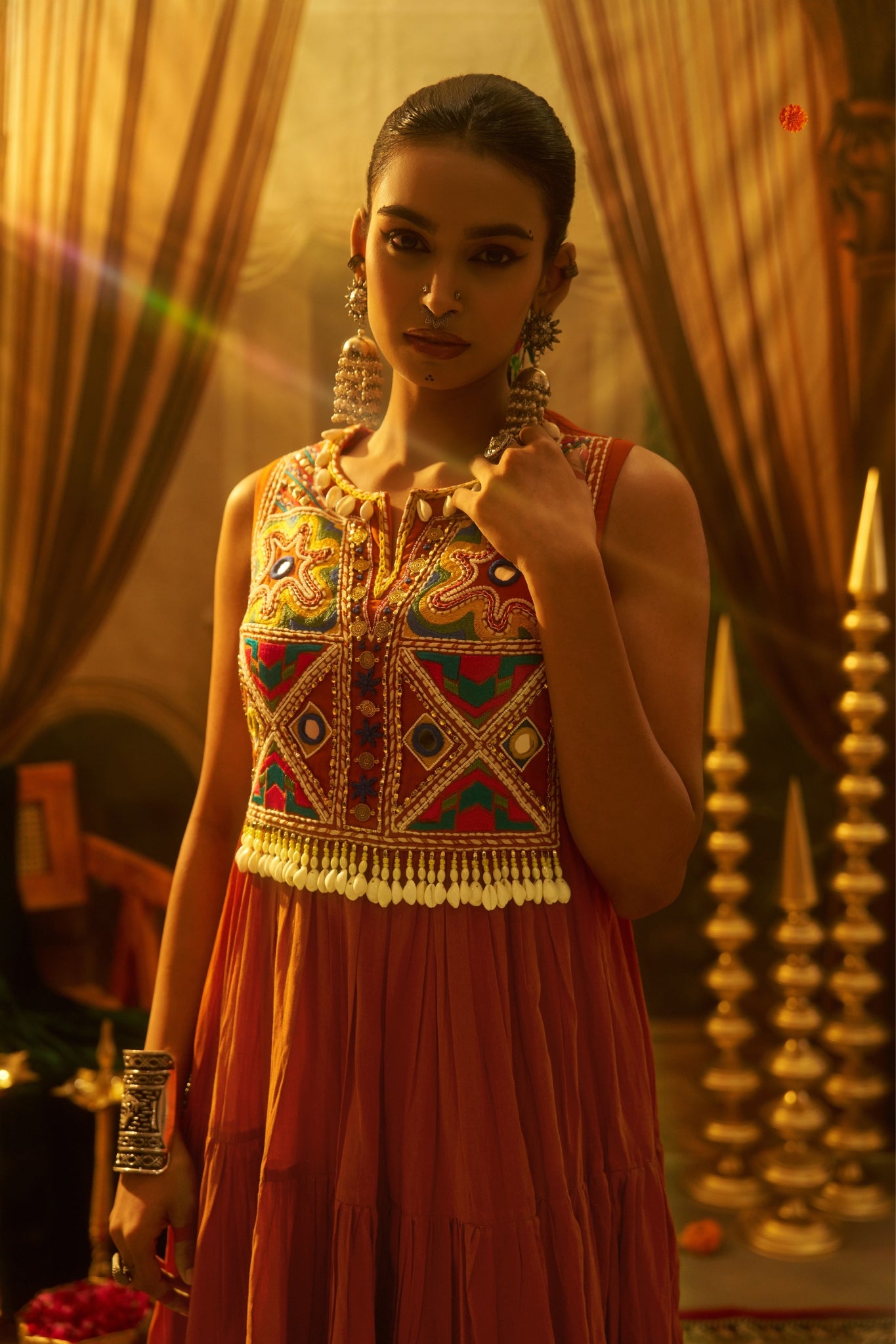 Rust Orange Tiered Anarkali Dress With Hand Embroidered Yoke & Cowrie Shell Fringe