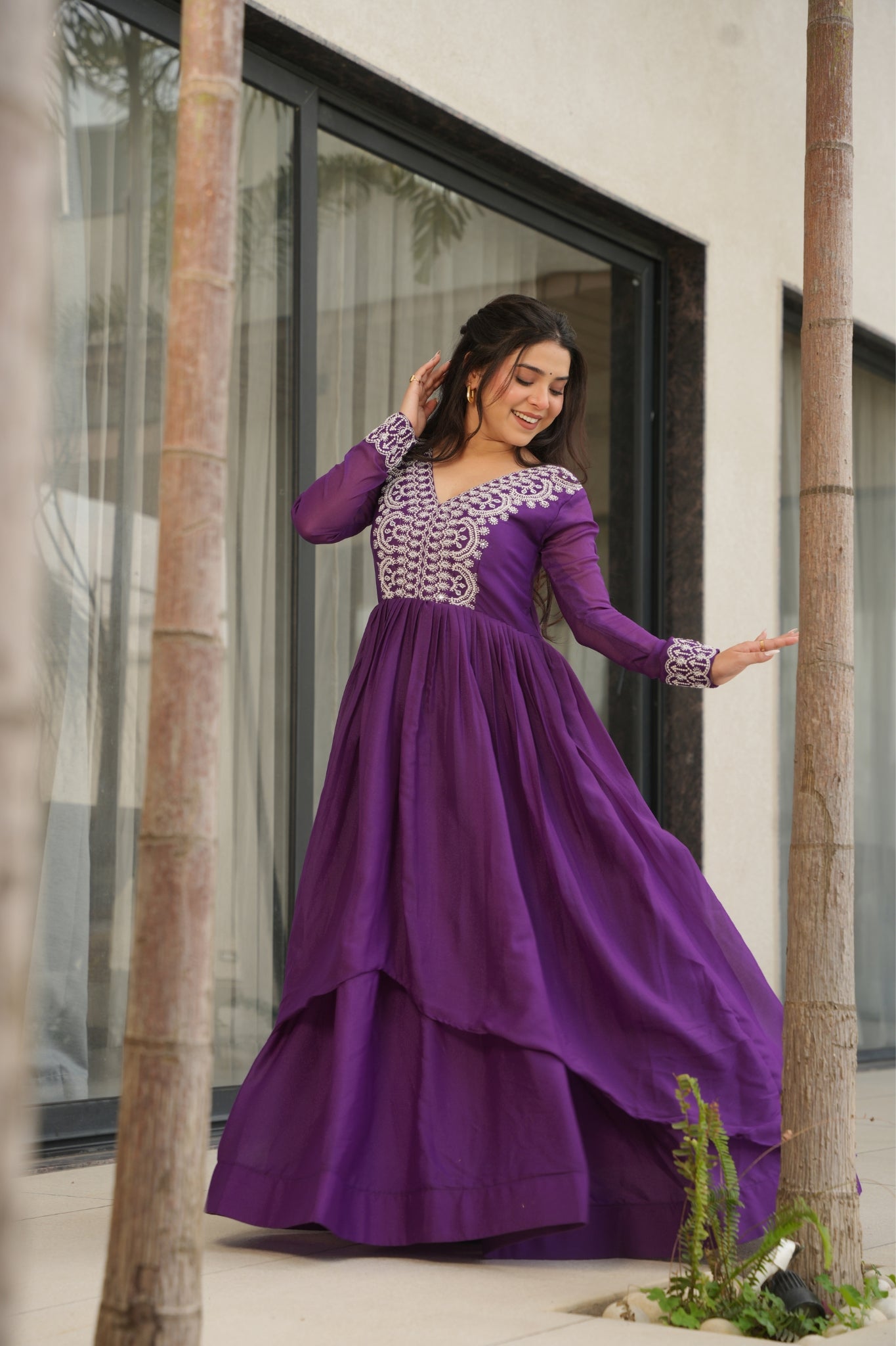 Georgette Embroidered Beads Sequins Work Double Flair Wedding Stylish Gown