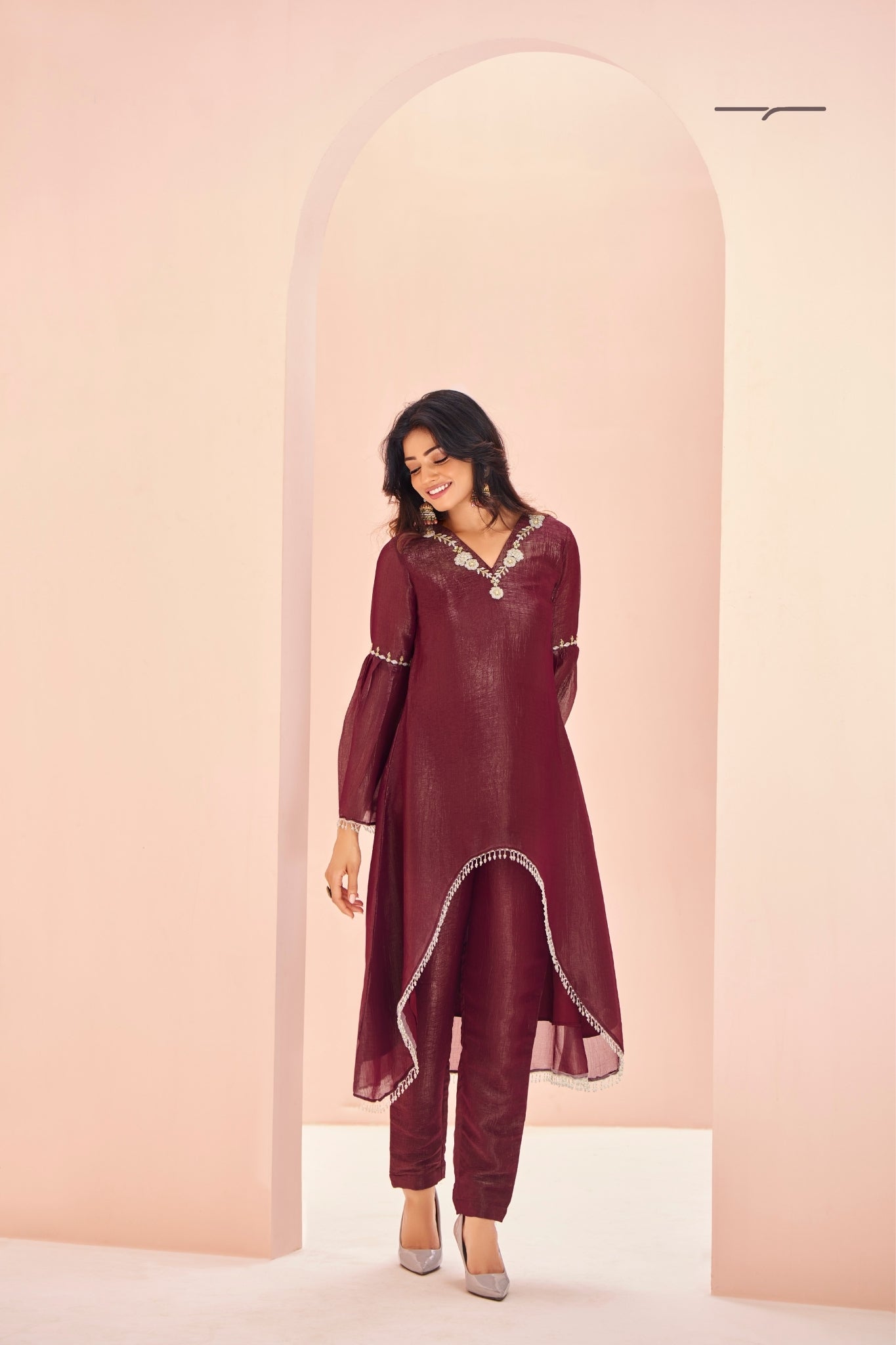 Maroon Majesty Hand Embroidered Organza Co Ord Set