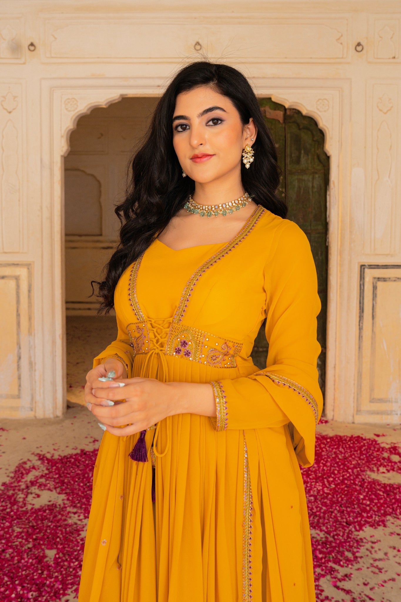 Regal Mustard Georgette Anarkali Adorned With Intricate Embroidery