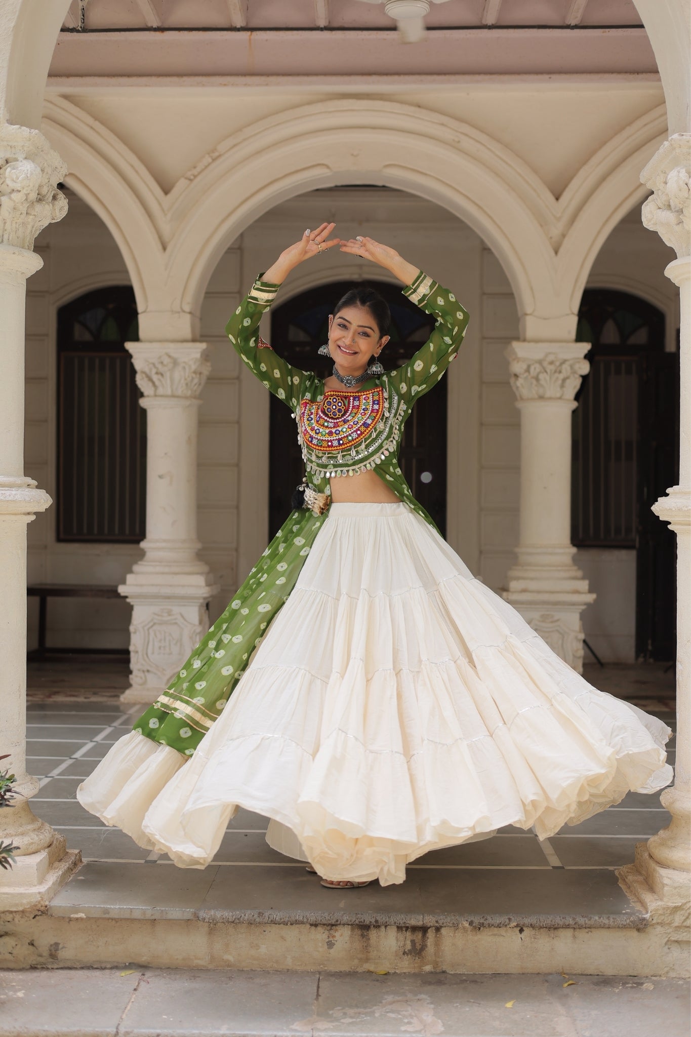 Kora Cotton Stylish Frill Stitching Beautiful Navratri Lehenga With Bandhani Printed Kurti