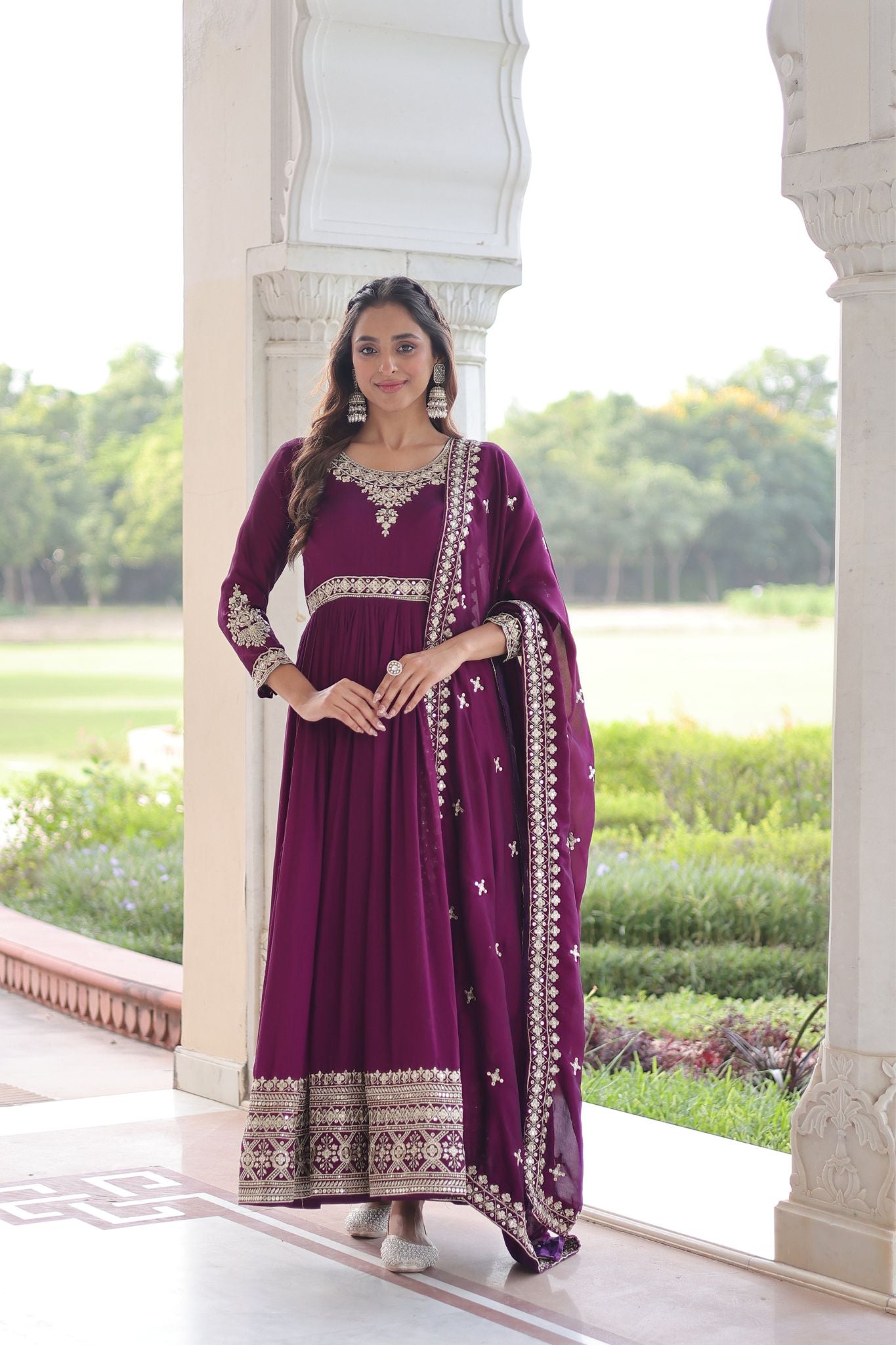 Luxury Vichitra Silk Embroidered Gown Set
