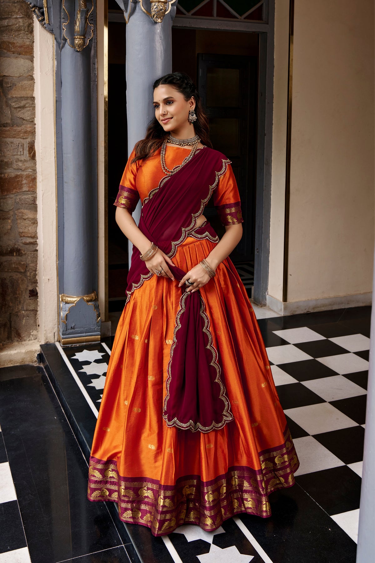 Buy South Indian Cotton Silk Lehenga Choli With Zari Woven Border