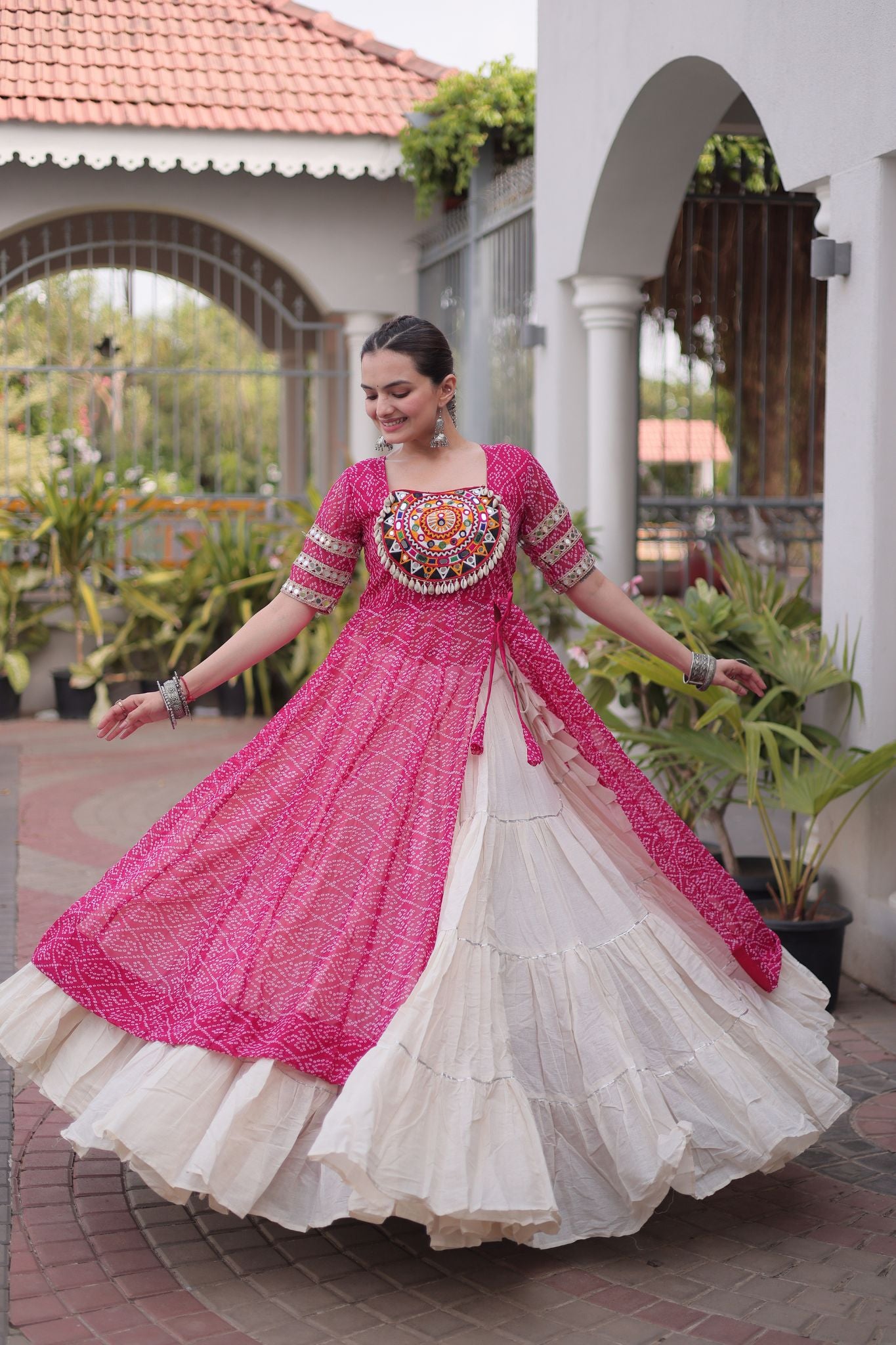 Raasrang Navratri Designer Kora Cotton Lehenga With Kutchi Patchwork Bandhani Print Kurti For Garba & Dandiya