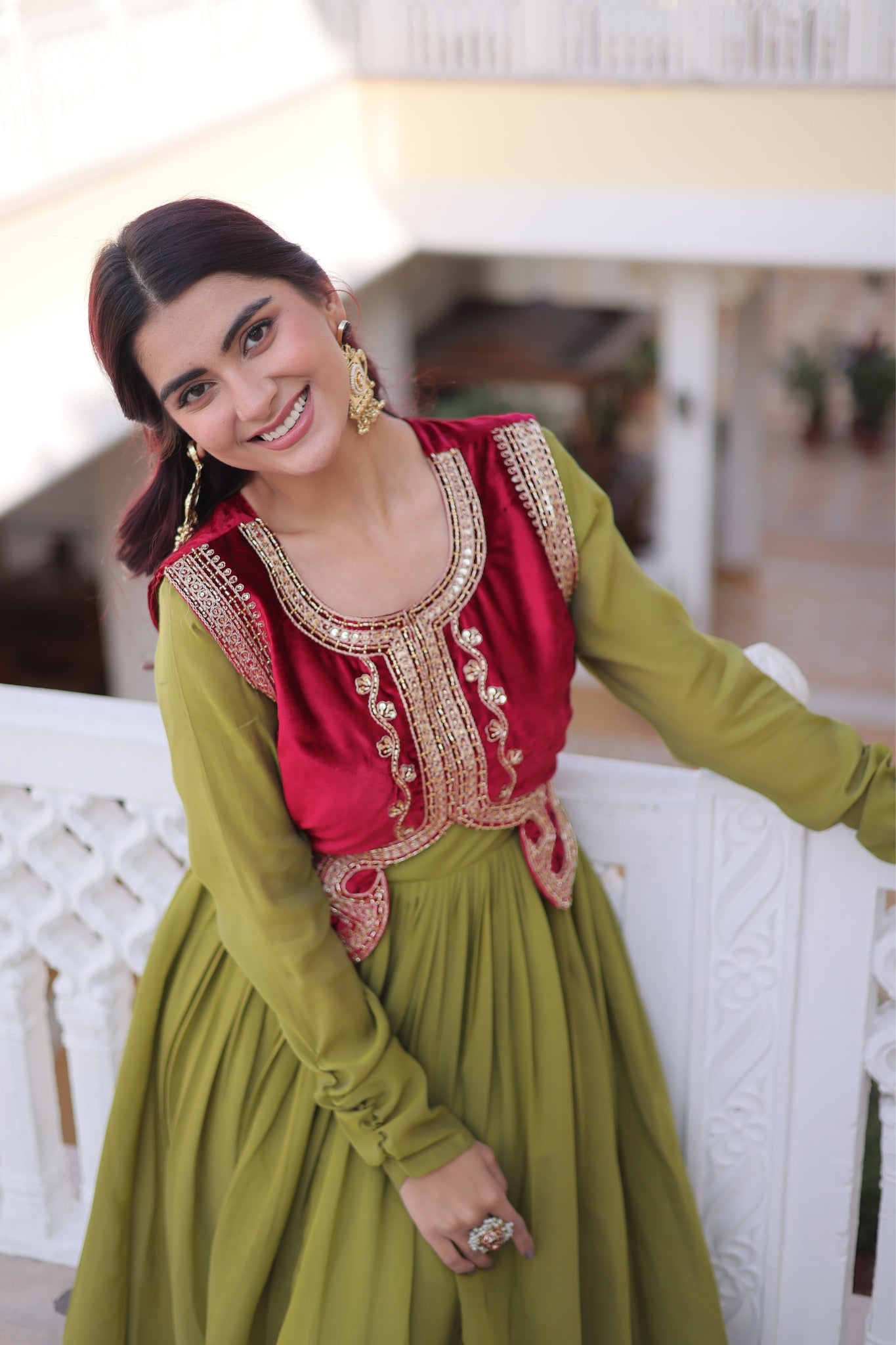 Mal Chanderi Anarkali Gown With Velvet Koti For Women